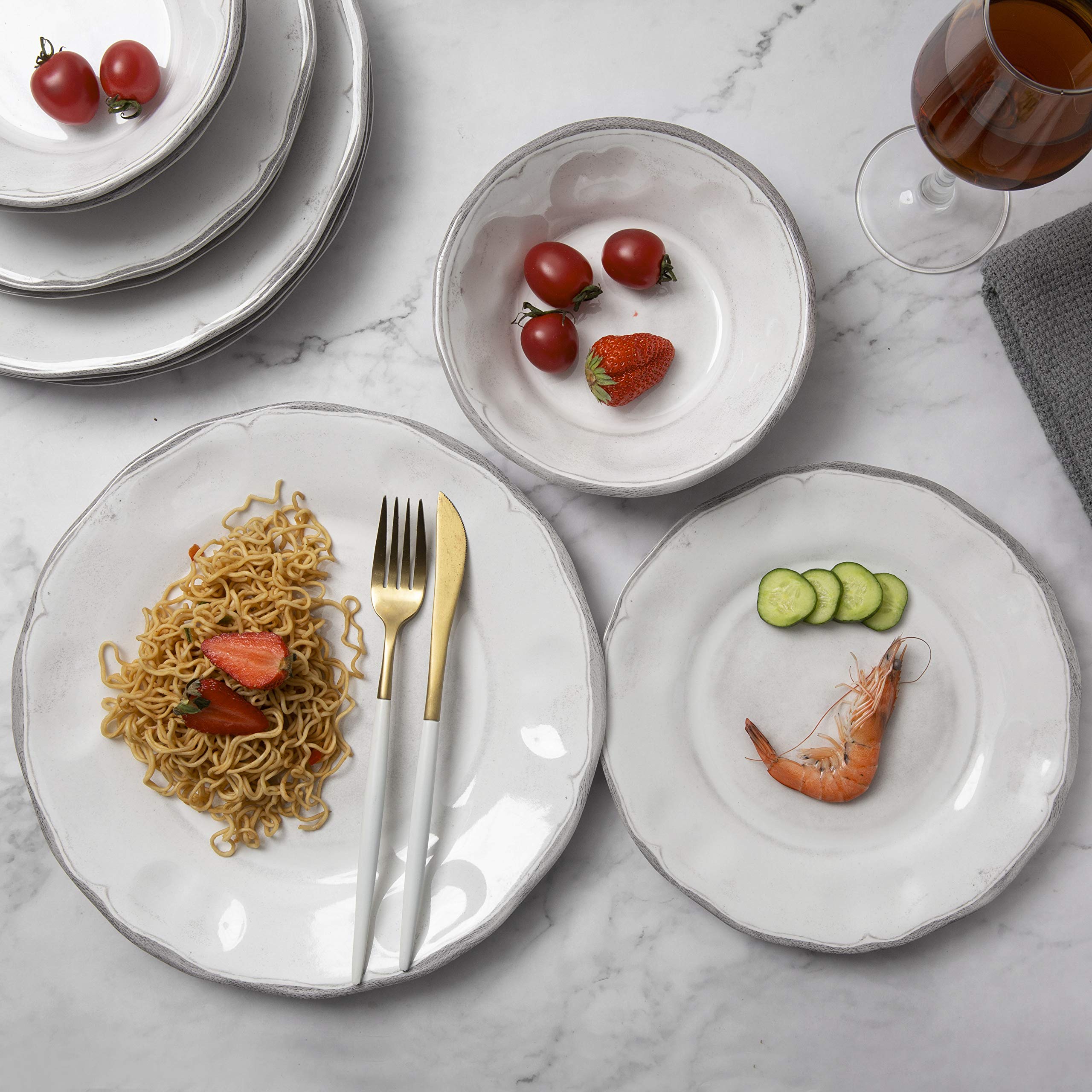 12-Piece Melamine Dinnerware Set - White Plates, Salad Plates & Bowls for Everyday Use | Durable & Lightweight Dish Set for Indoor/Outdoor Dining, Picnics, Camping & Parties