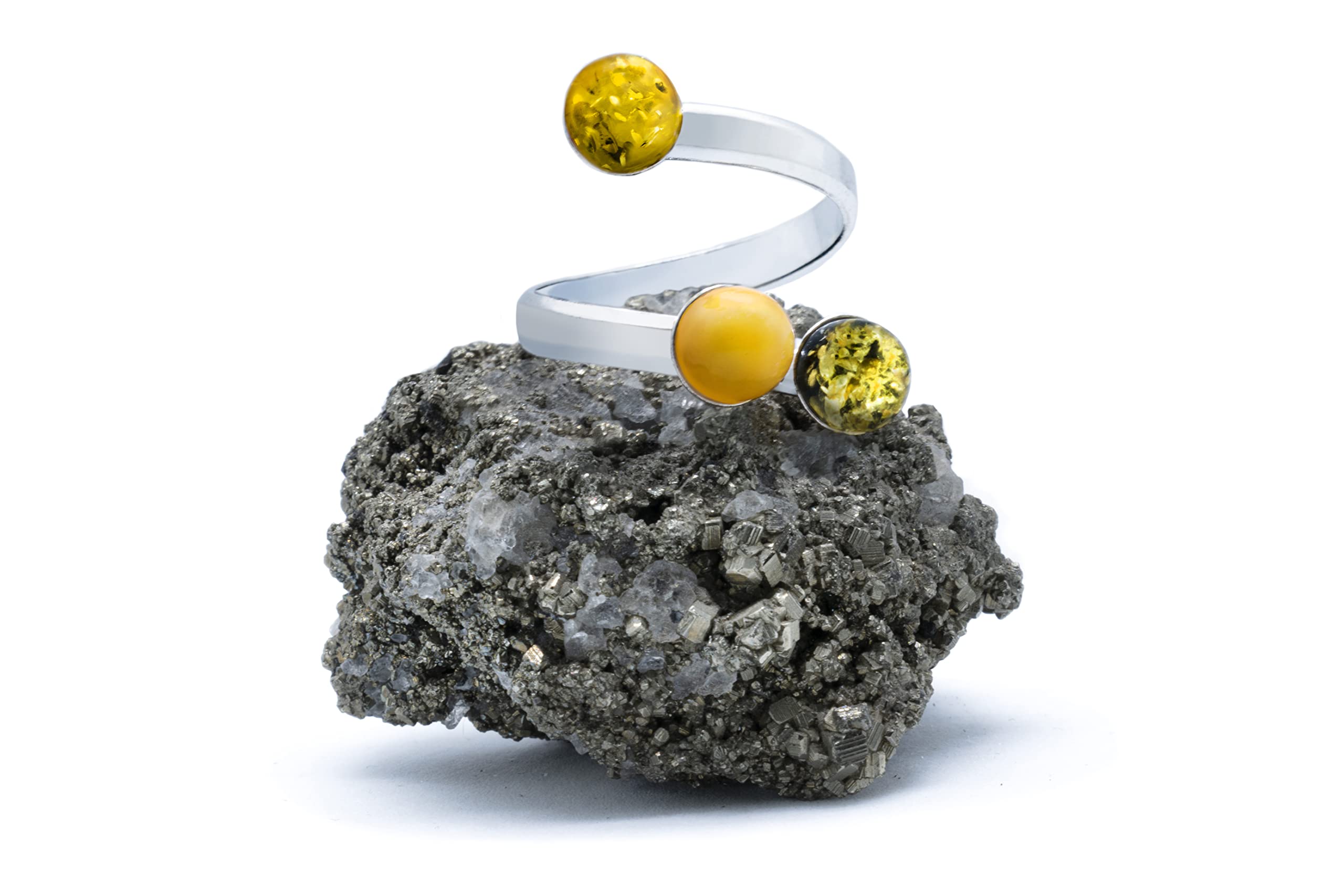 925 Sterling Silver Adjustable Trilogy Ring with Natural Yellow, Green & Raw Amber Stones (6mm x 3) - Unisex Sizes XS to XXXL - Free Gift Box Included - Perfect for Weddings, Anniversaries & Everyday Boho Fashion