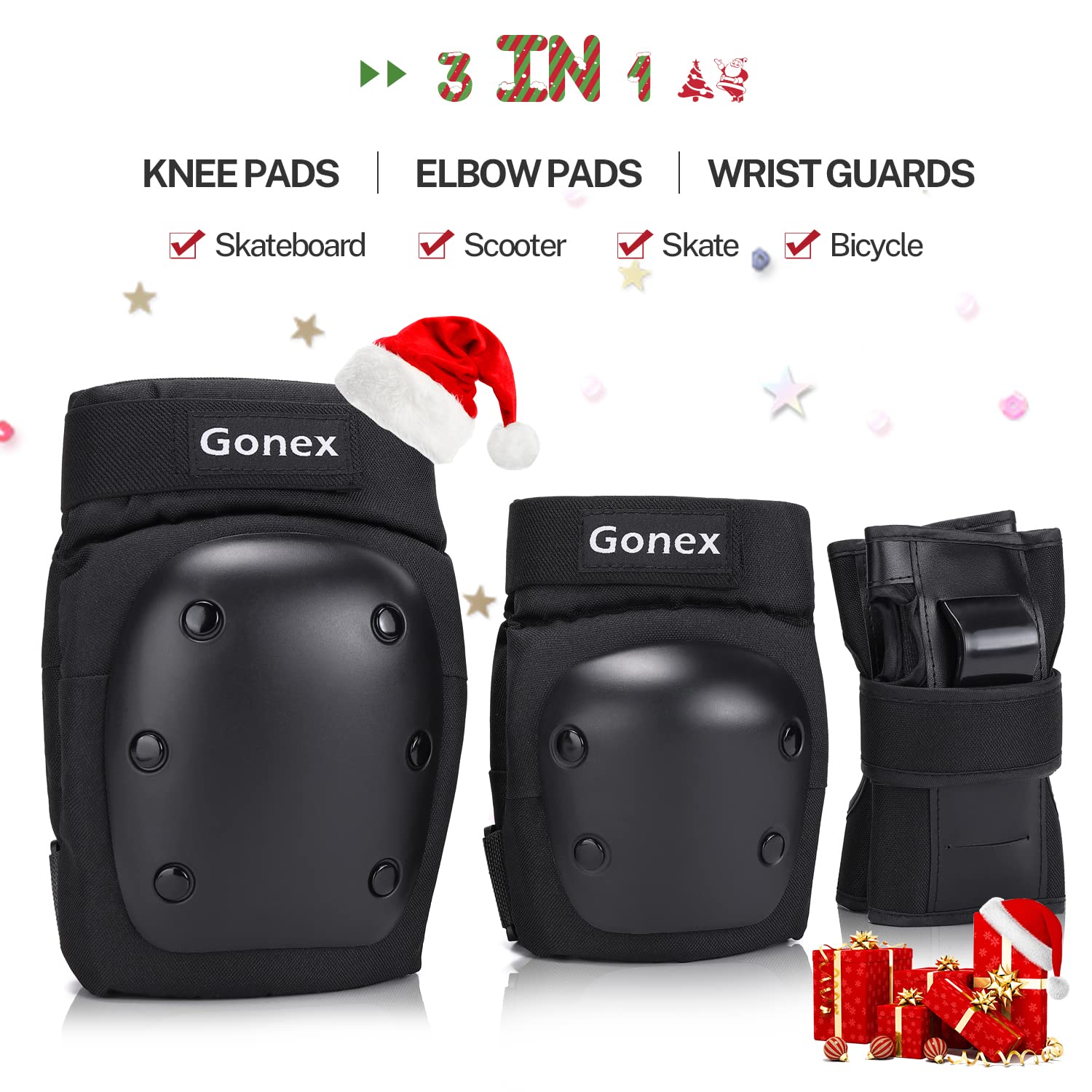 Gonex Knee Pads Elbow Pads with Wrist Guards - 3 in 1 Protective Gear Set for Kids Youth Adults - Ideal for Skateboarding, Roller Skating, Scooter, Cycling & Biking - Perfect for Outdoor Sports & Extreme Activities - Black S