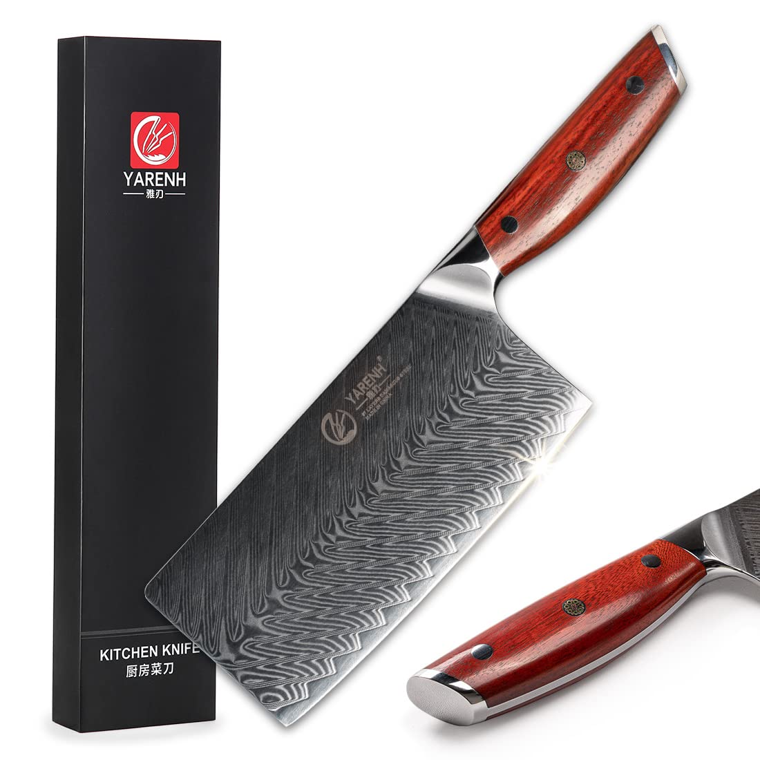 YARENH 7 Inch Damascus Chinese Cleaver Knife - 67 Layer High Carbon Stainless Steel Chef Knife, Ultra Sharp & Rust Resistant with African Sandalwood Handle (Gift Box Included) - Perfect for Slicing, Dicing & Chopping Vegetables, Meat & Herbs