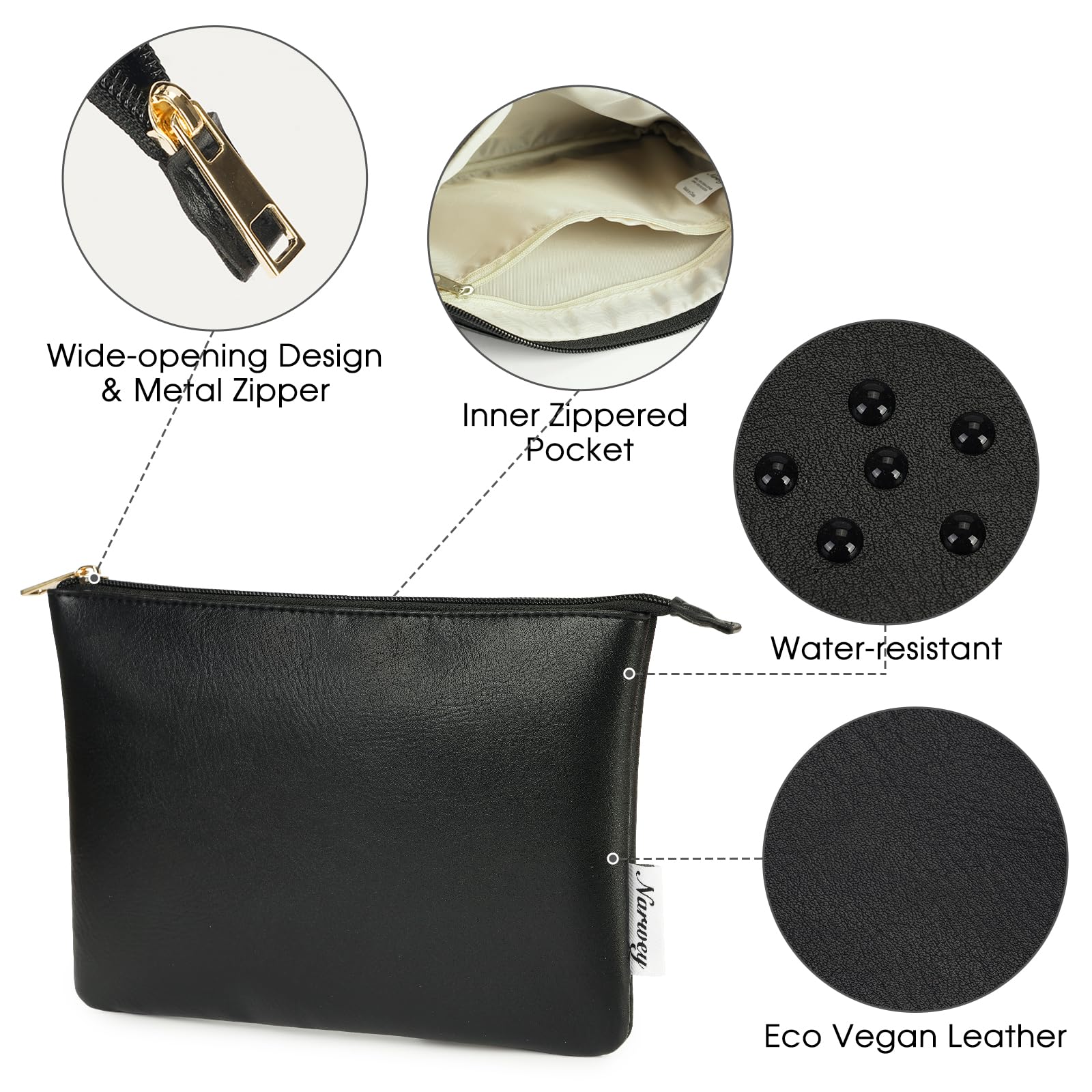 Narwey Small Makeup Bag - PU Leather Cosmetic Pouch for Women Travel & Purse (Black) - Perfect for On-the-Go Beauty