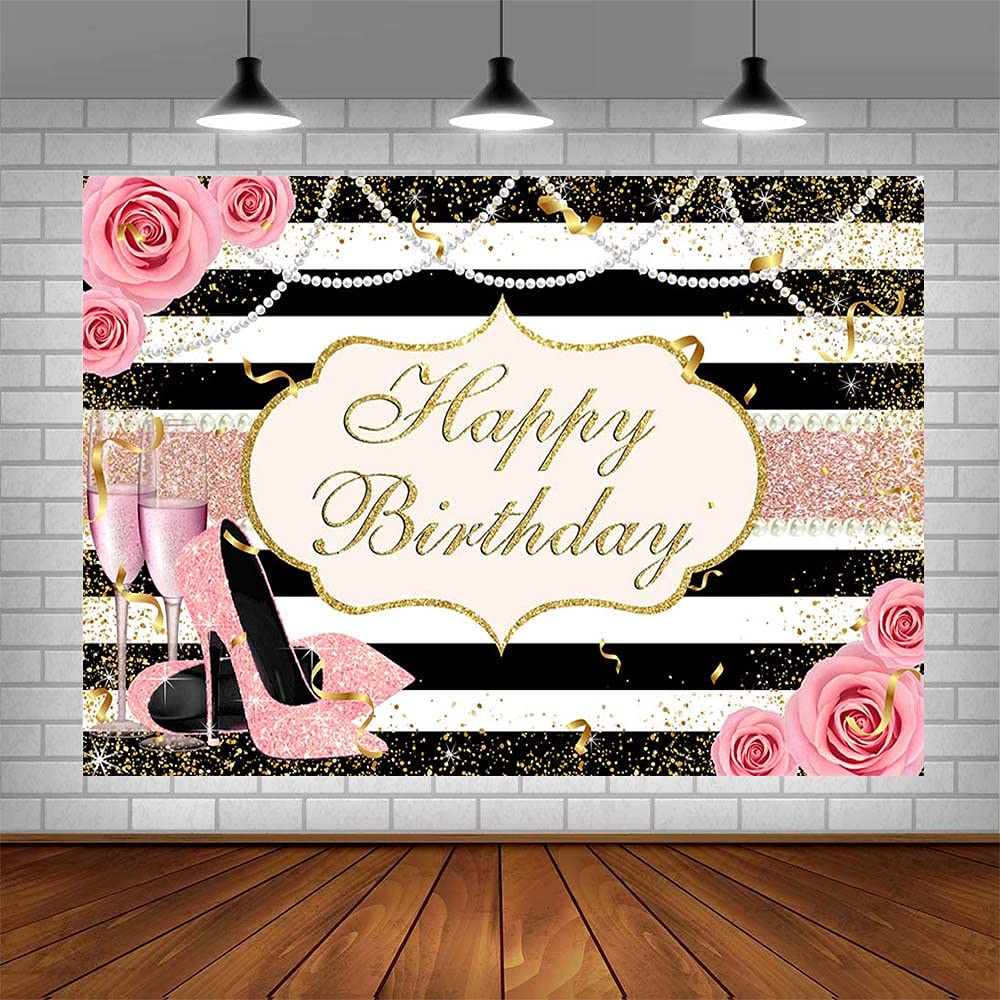 Happy Birthday Backdrop for Women - 7x5ft Black White Stripe with Pink Rose Flowers, Pearls, Rose Gold Heels & Champagne - Photography Background for Cake Table, Wall Decor, Party Props - Perfect for Birthday Parties, Baby Showers & Bridal Showers