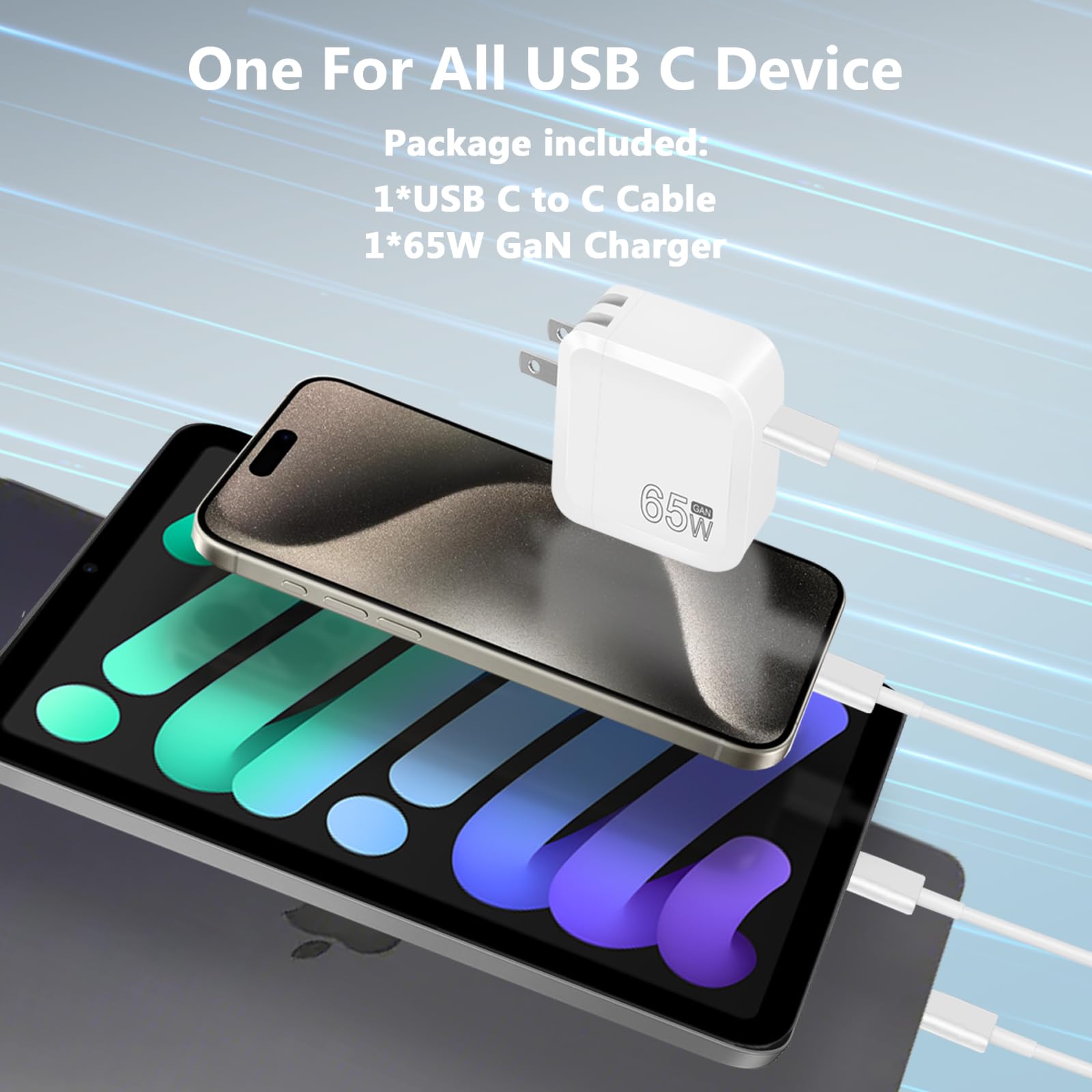 65W USB C Fast Charger for MacBook Pro/Air, 13/14/15/16 Inch Laptops, iPad, iPhone 14 Pro & All USB-C Devices - Includes 5.9ft USB-C to C Cable - Perfect for Travel, Office & Home Use
