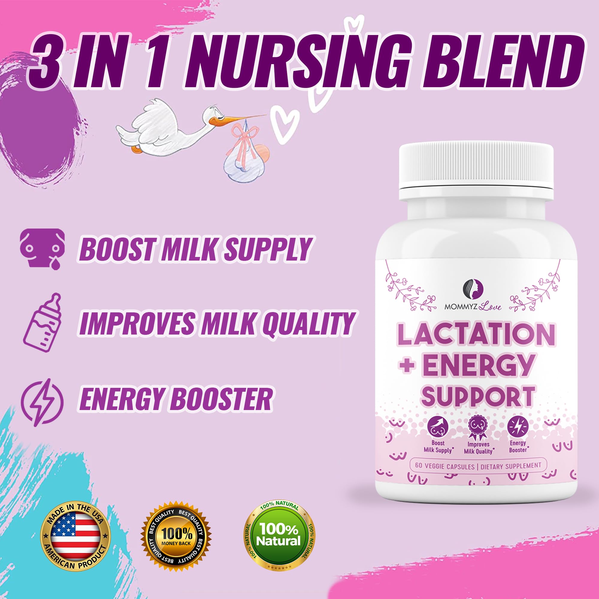 Mommyz Love Lactation Supplement with Organic Postnatal Vitamins - Supports Breast Milk Production & Postpartum Recovery - 60 Capsules - Ideal for Nursing Moms Seeking Energy Boost & Milk Supply Increase