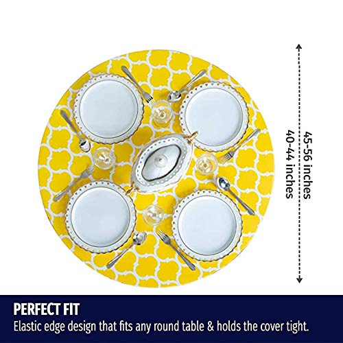 Washable Elastic Edged Round Tablecloth - 27 Inch Tight Fit Yellow Geometric Table Cover for Outdoor, Patio, Kitchen & Dining Room | Waterproof & Wipeable for Easy Cleaning | Perfect for Picnics, BBQs, and Family Gatherings