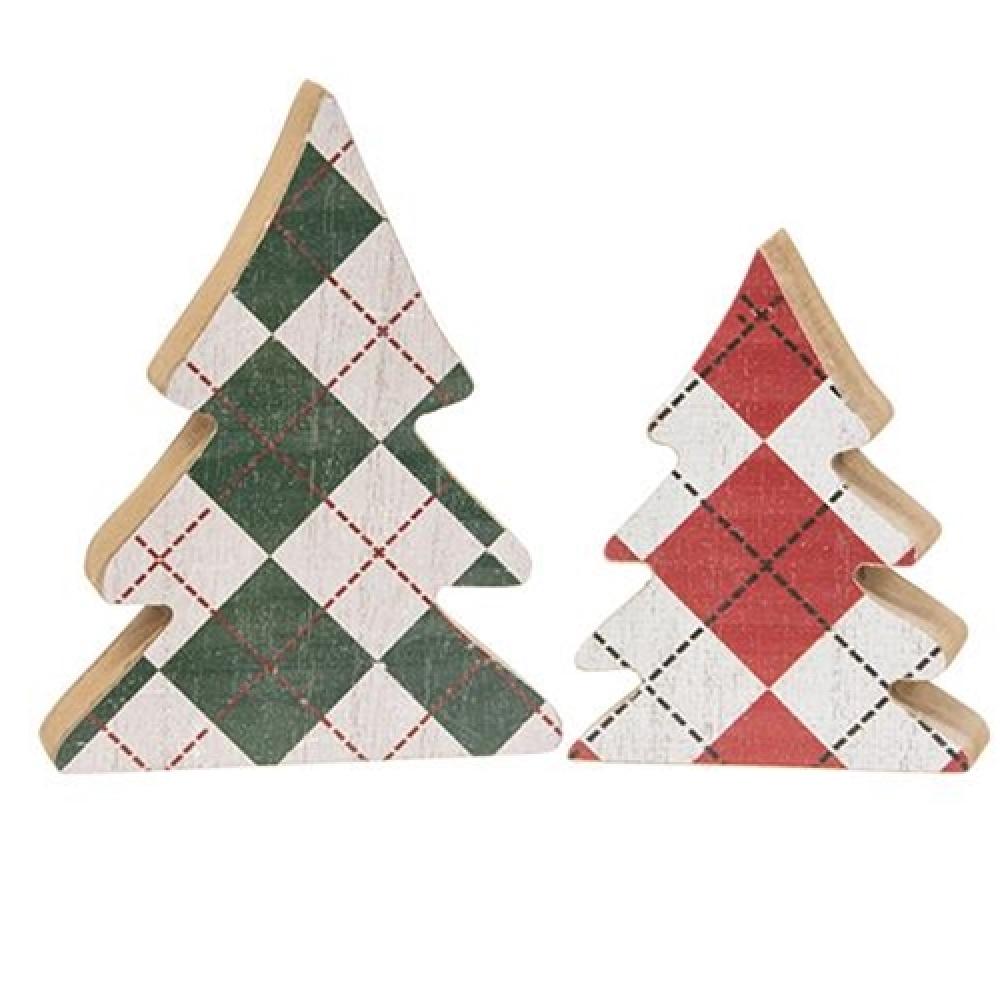 2-Pack Distressed Wooden Plaid Christmas Tree Decorations - Rustic Farmhouse Holiday Decor for Mantel, Tabletop, and Festive Home Styling