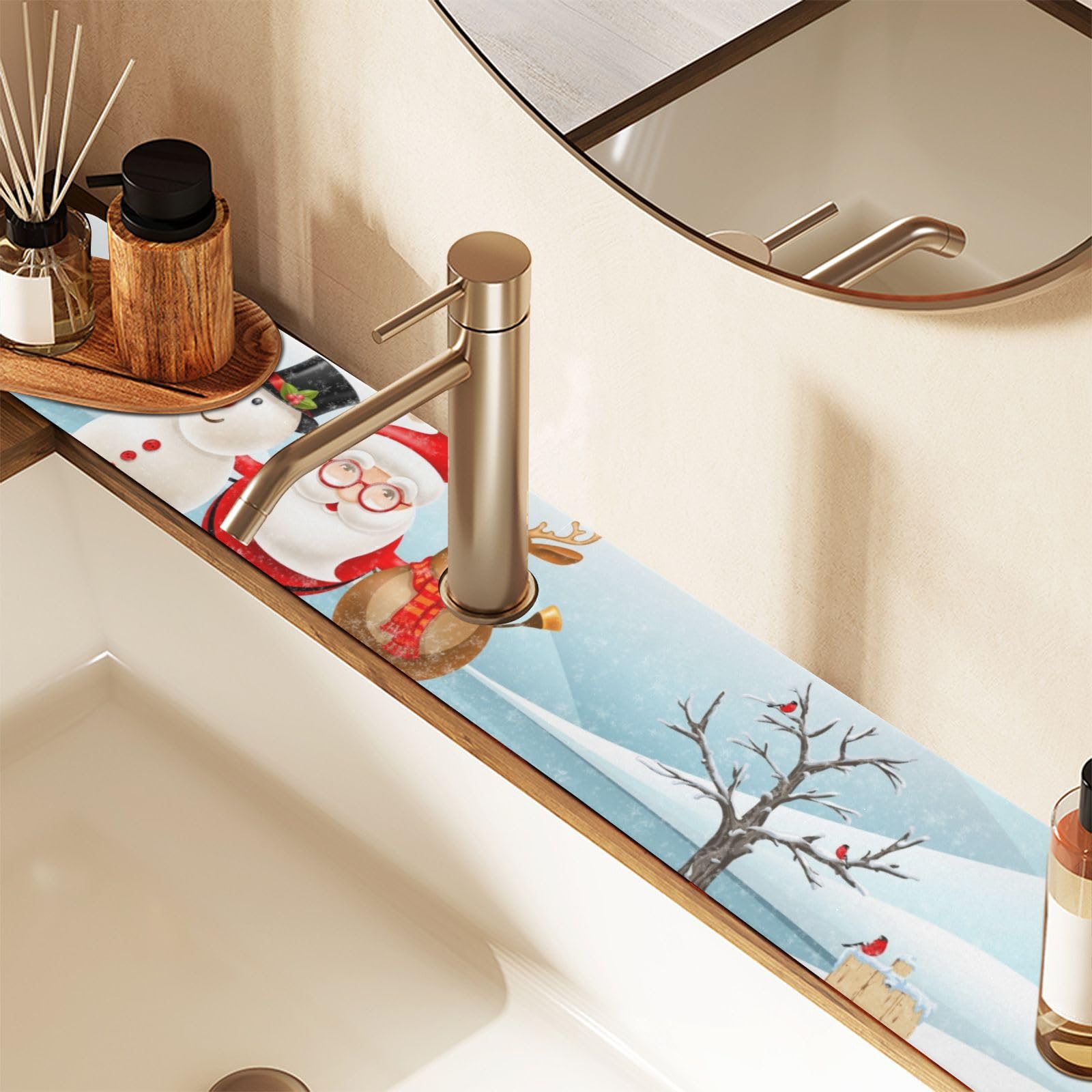Non-Slip Sink Splash Guard Mat - Absorbent Drip Catcher for Kitchen & Bathroom Faucets (14.7x5.4 Inch, 2PCS) - Trimmable Design Fits RV, Bar Sinks - Perfect for Winter & Holiday Decor (Christmas Snowman Theme)