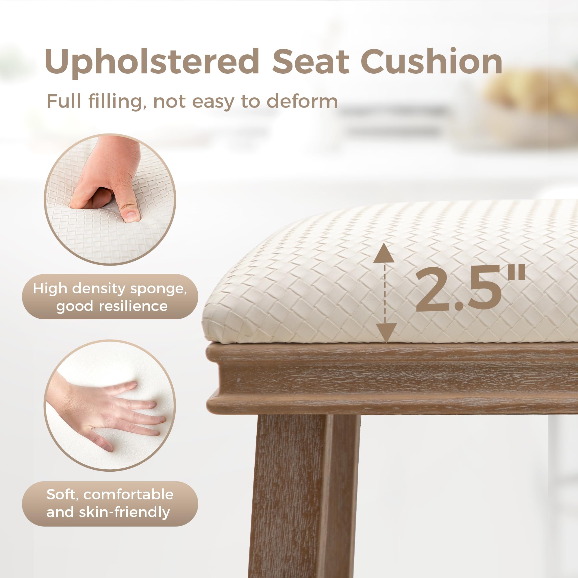 MAISON ARTS 24 Inch Counter Height Bar Stools Set of 2 - Solid Wood Legs & Faux Leather Padded Seat - Farmhouse Kitchen Island Stools for 34