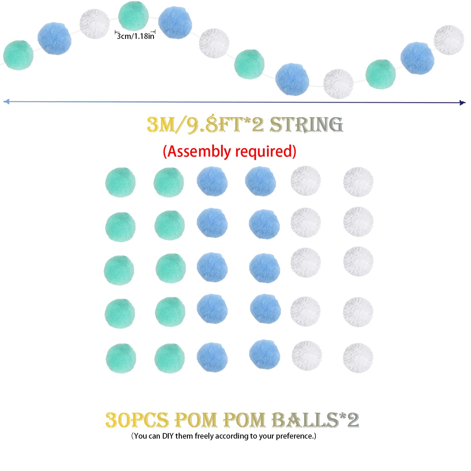 Zwiebeco Aqua Blue White Pom Pom Garland - 12ft Party Decor for Birthday, Wedding, Baby Shower, Nursery, Classroom & Home - Perfect for Wall Hanging, Fireplace, Tree & Room Decoration