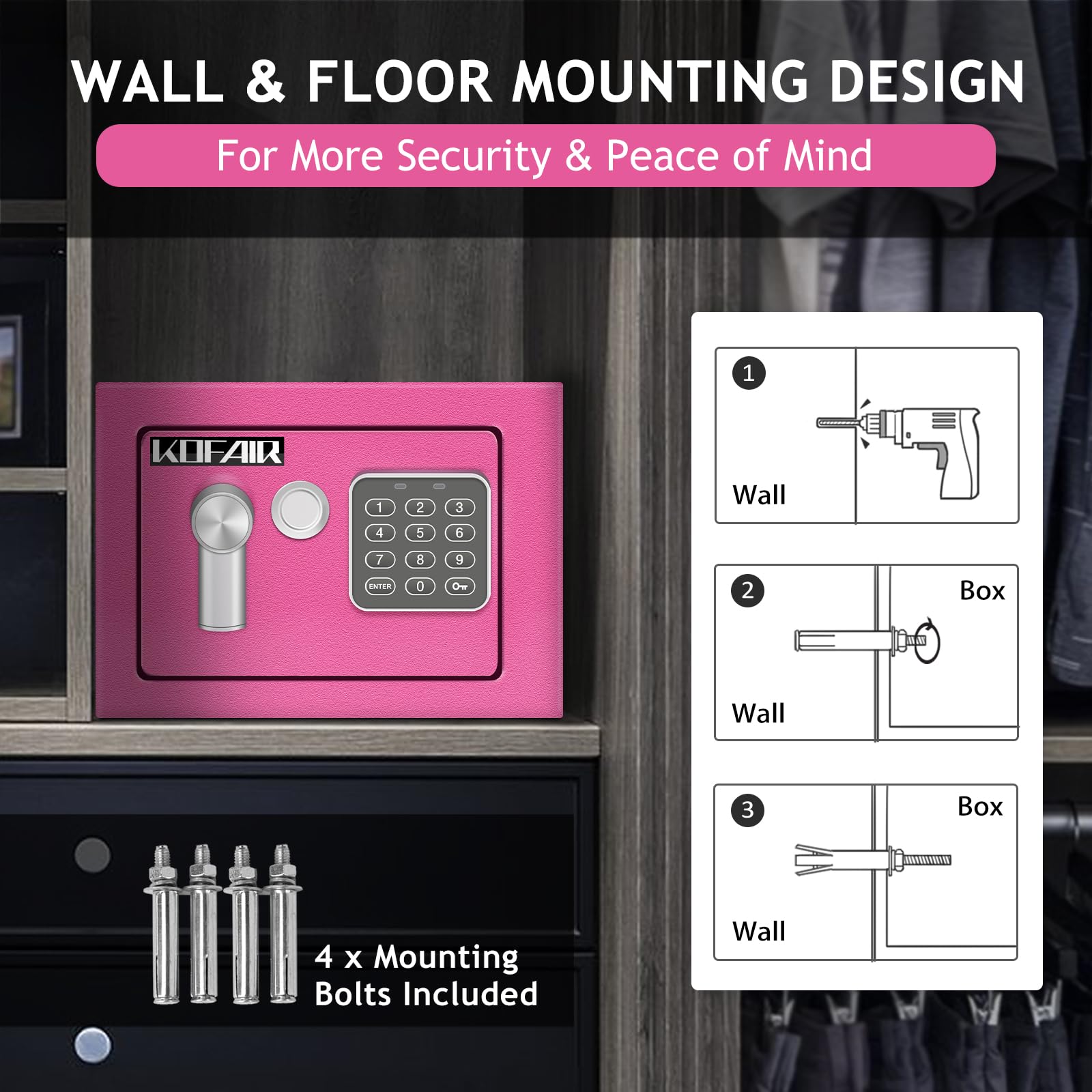 Fireproof Home Safe Box 0.23 Cubic Feet - Digital & Key Lock Security Safe for Cash, Jewelry, Documents - Portable Money Safe with LED Light & Fireproof Bag (Pink) - Perfect for Bedroom, Office, Travel & Emergency Storage