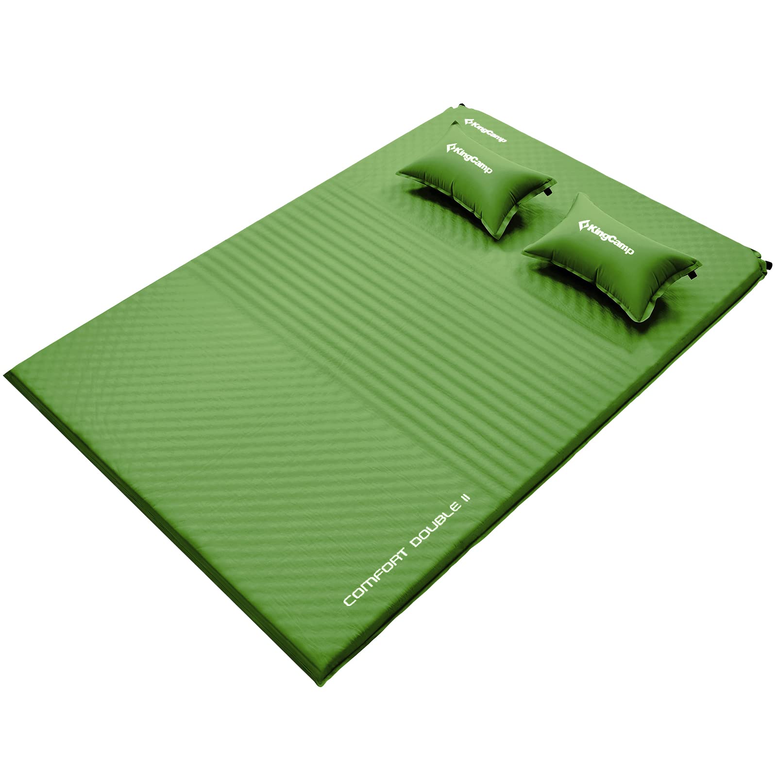 KingCamp Self-Inflating Double Sleeping Pad for Camping - 2 Travel Pillows Included - Foam Camping Mat for Hiking, Backpacking, Tent & Car Use - Perfect for Outdoor Adventures, Road Trips and Emergency Preparedness (Green)
