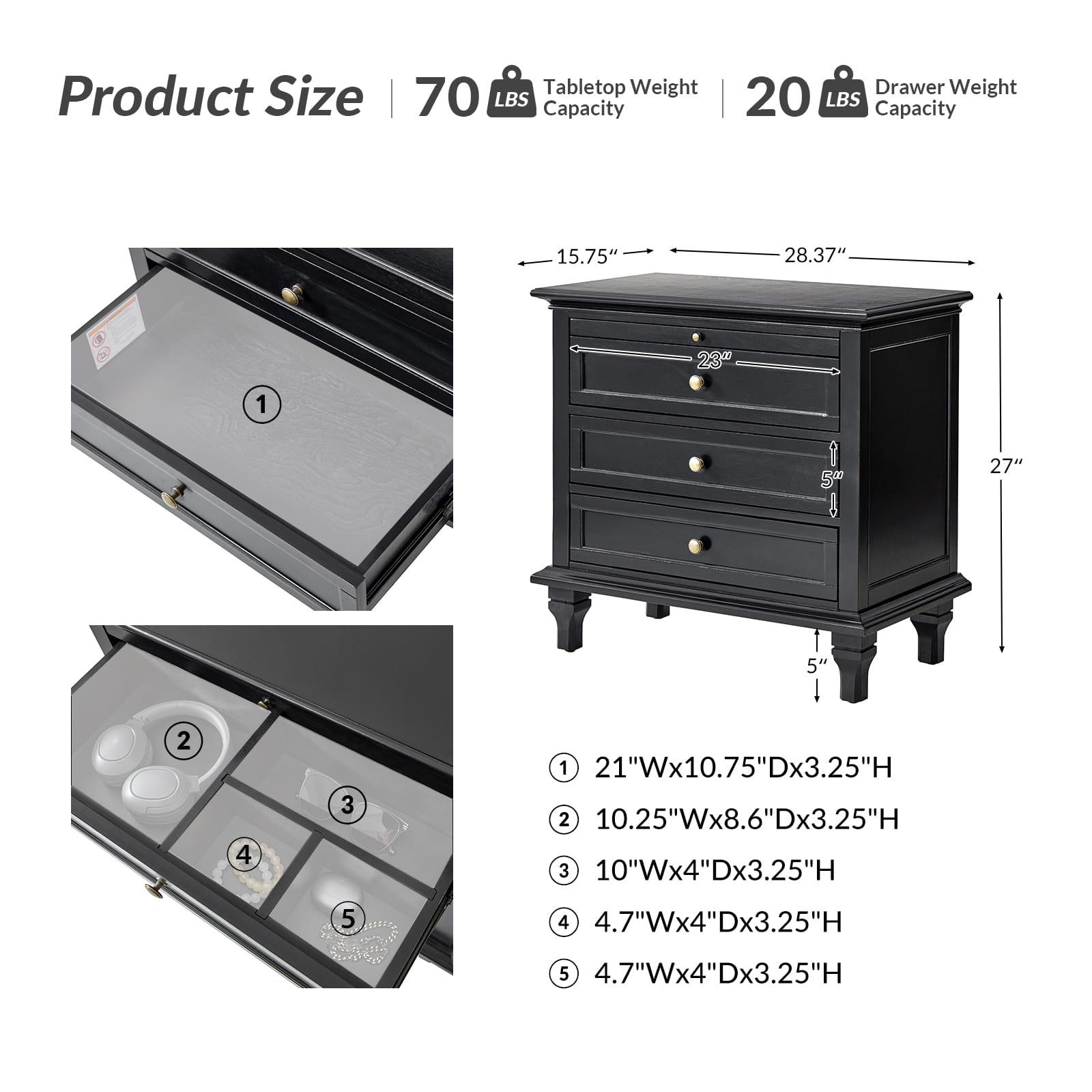 Galatea 3-Drawer Nightstand with USB Charging Ports & Power Outlets - Modern Bedside Table with Storage for Bedroom, Living Room or Office