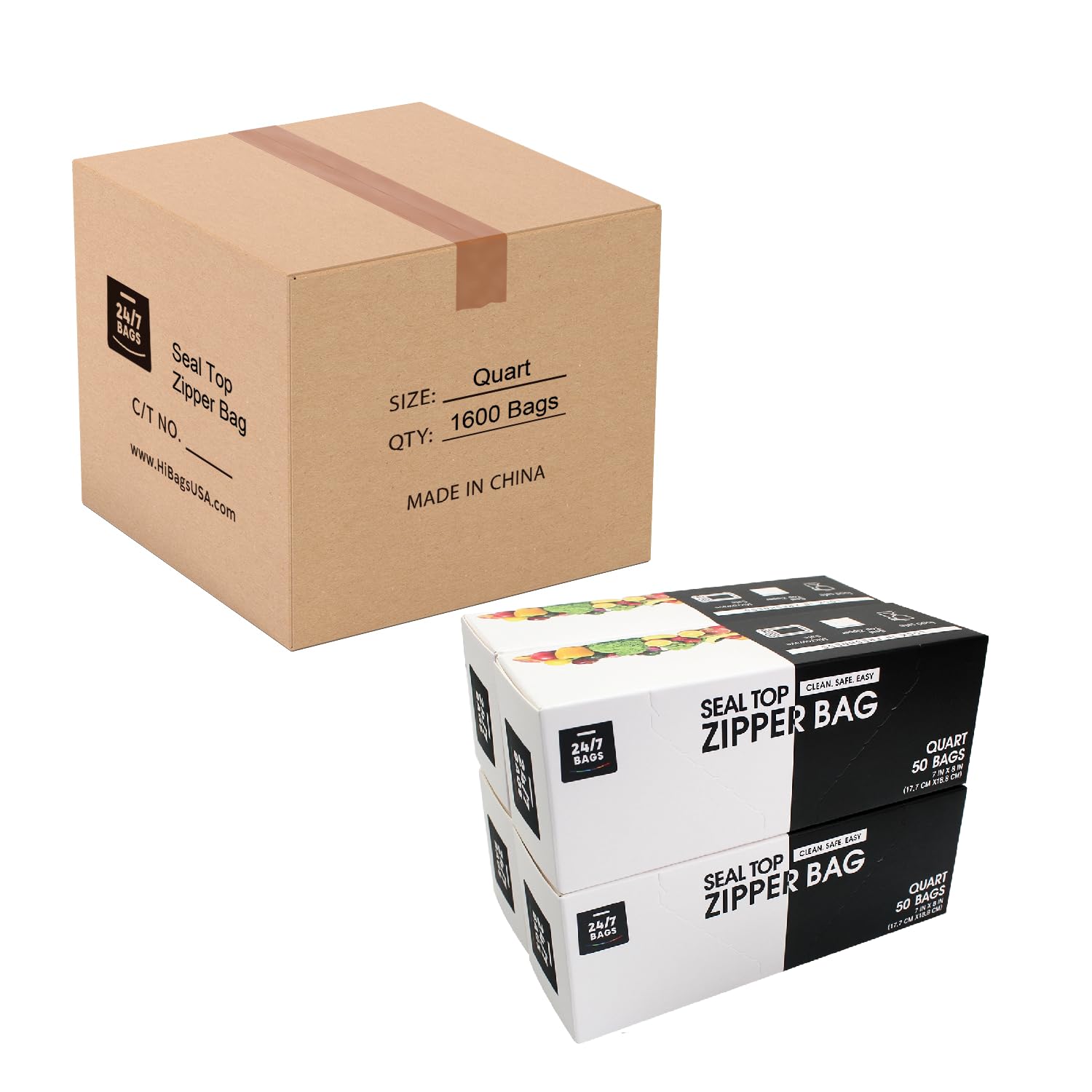 24/7 Bags - 1600 Count Heavy Duty Quart Zip Storage Bags with Double Zipper Seal, Easy Grip Tabs & Write-On Space | BPA-Free | Case Pack of 32 Boxes (50 Bags Each) | Perfect for Food Storage, Organization & Freezer Use