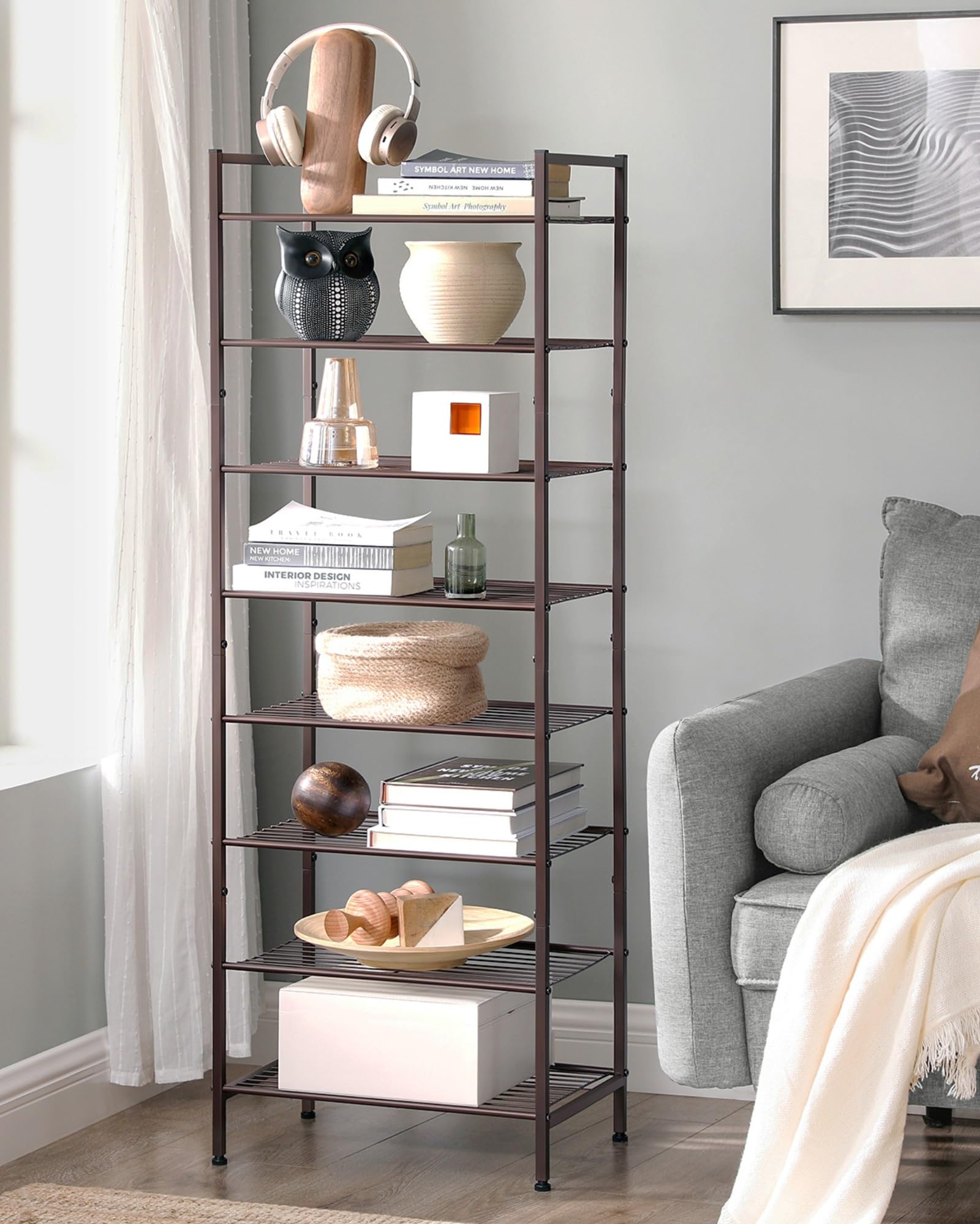 SONGMICS 8-Tier Narrow Shoe Rack - Slim Metal Shoe Storage Organizer for Small Spaces, Entryway & Closet | Sturdy Bronze Shelf for Shoes, Boots & Sneakers | Perfect for Apartments, Dorms & Tight Spaces