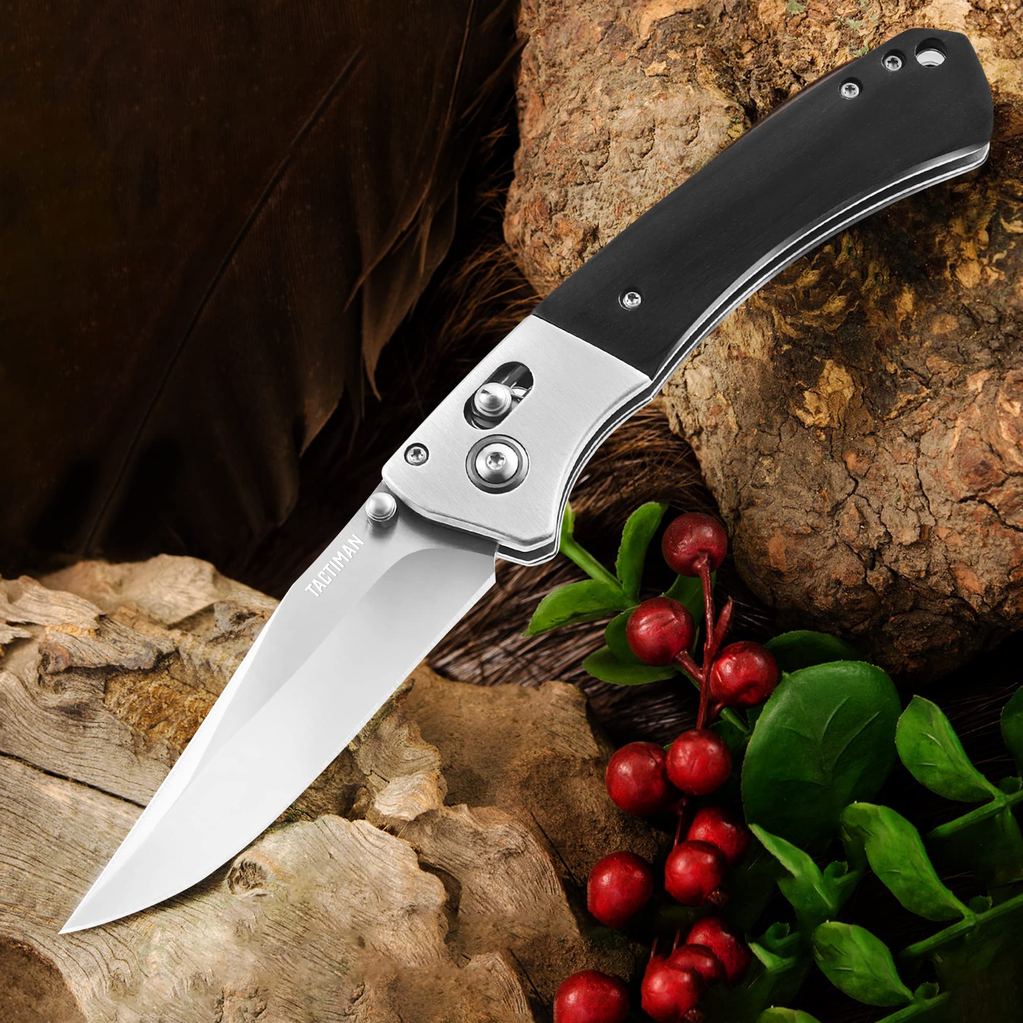 Tactical Pocket Folding Knife - EDC Survival Camping Knife with 8Cr13MoV Stainless Steel Blade, Wood Handle & Axis Lock | Compact Gentleman's Knife with Low Profile Design & Pocket Clip | Perfect for Outdoor Adventures, Hiking, Hunting and Everyday Carry