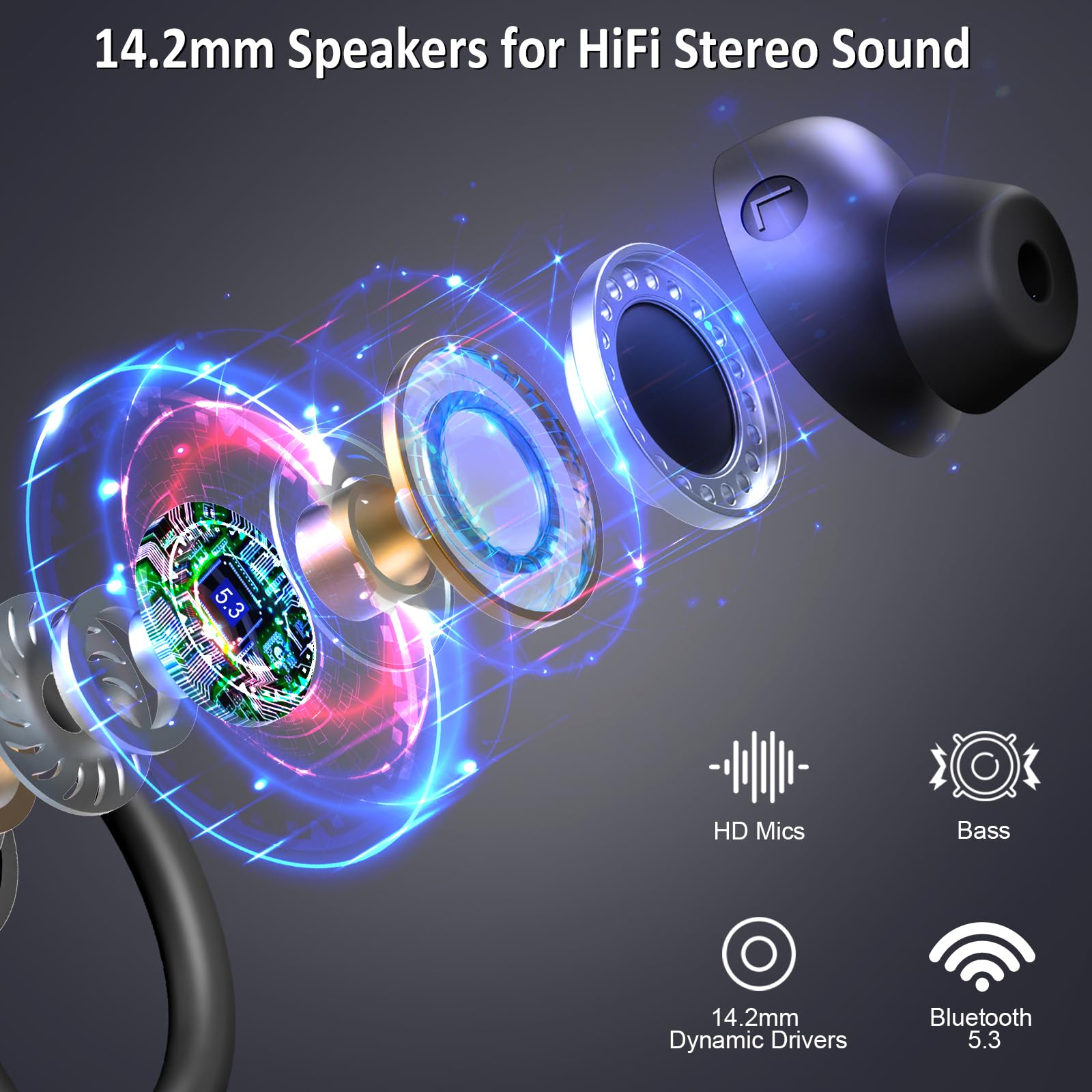 Wireless Bluetooth Earbuds with Noise Cancellation, 48H Playtime, HD Mic & Dual LED Display - IP7 Waterproof Sports Earphones with Ear Hooks & USB-C Charging for Running, Gym, Workouts and Commuting