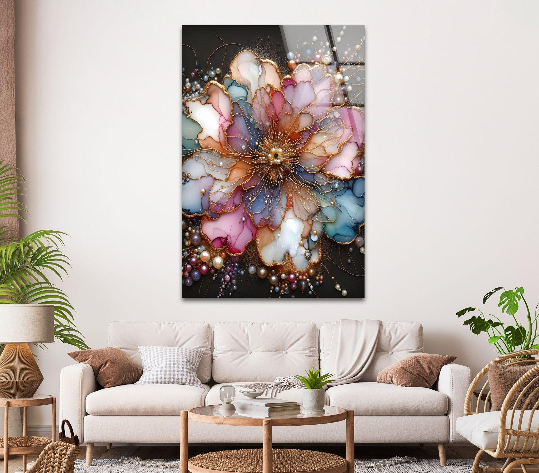 Abstract Floral Pearl Glass Wall Art - Elegant Home Decor for Living Room, Bedroom & Office - Perfect Gift for Housewarming & Wedding