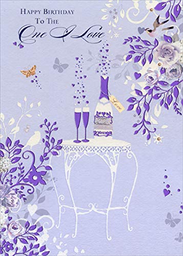 Designer Greetings Purple Foil Champagne Bottle Birthday Card with Glasses & Vines - Romantic Anniversary & Valentine's Day Gift for Couples