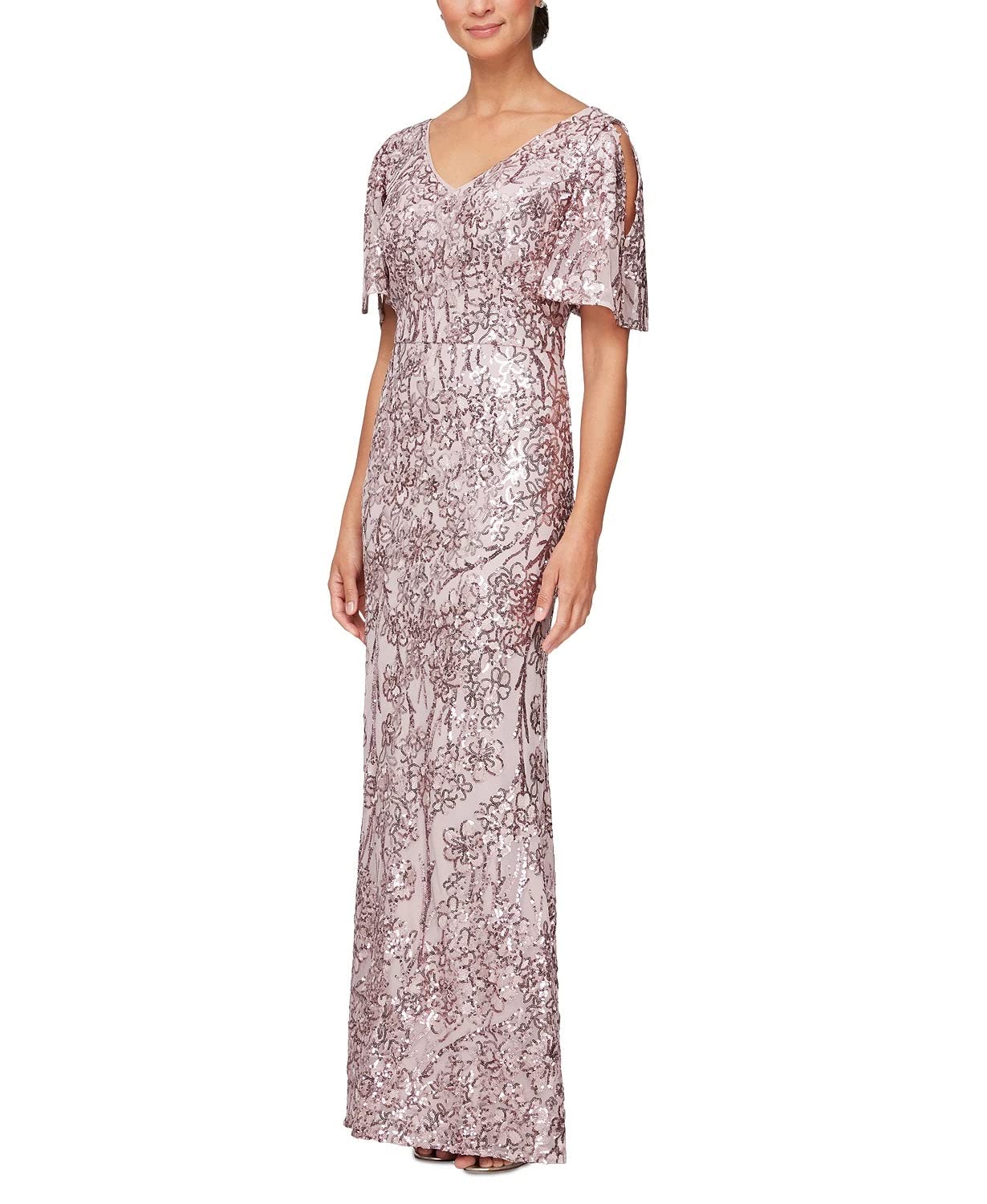 Alex Evenings Women's Long Sequin Mother of The Bride Dress with Cold Shoulder Flutter Sleeves - Petite & Regular Sizes - Perfect for Weddings, Formal Events & Special Occasions