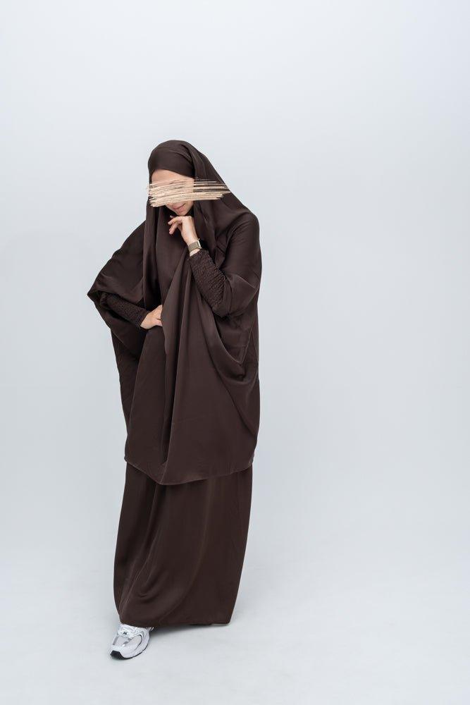 Luxury Dark Coffee Lisaa Women's Two-Piece Khimar Prayer Garment Hijab Dress - Perfect for Islamic Prayer, Mosque Visits, and Modest Fashion