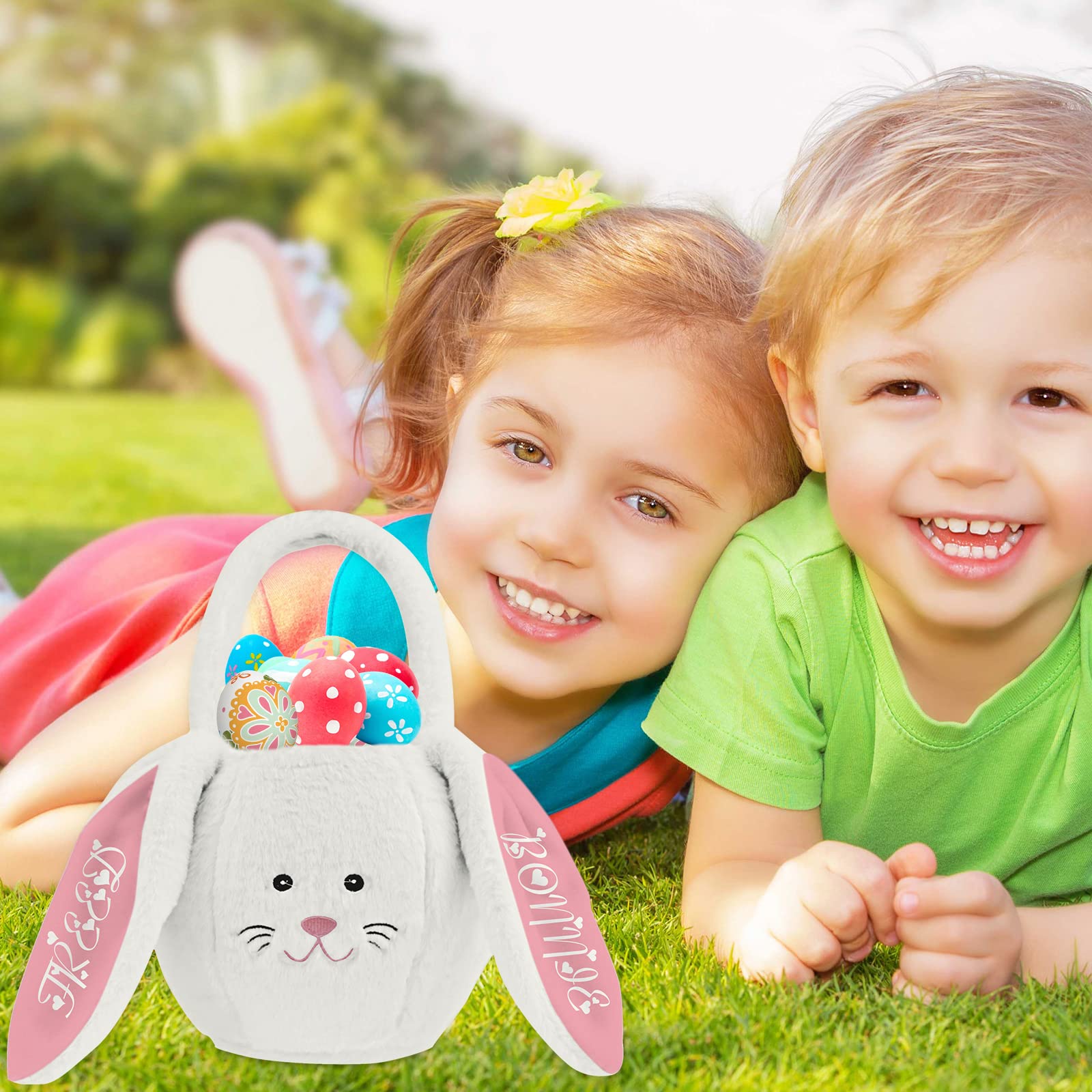Personalized Easter Basket with Name - Custom Plush Bunny Ears Easter Basket for Kids - Egg Bags & Candy Gift for Baby Boys & Girls (Pink) - Perfect for Easter Egg Hunts, Birthday Gifts & Spring Celebrations