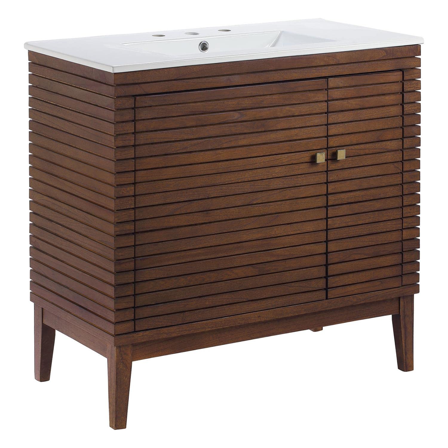 Modway Ledger 36 Inch Walnut White Wood Bathroom Vanity Cabinet with Mirror - Modern Storage for Small Bathrooms & Powder Rooms
