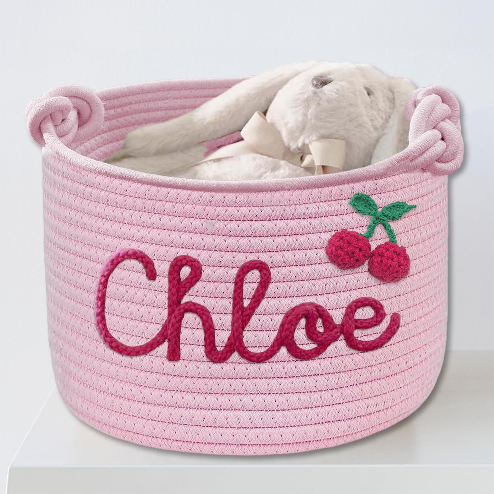 Personalized Dog Toy Basket - Custom Rope Woven Pet Storage Organizer with Handles & Name Embroidery - Cute Toy Bin for Dogs & Cats (Pink) - Perfect for Pet Room Organization & Toy Storage