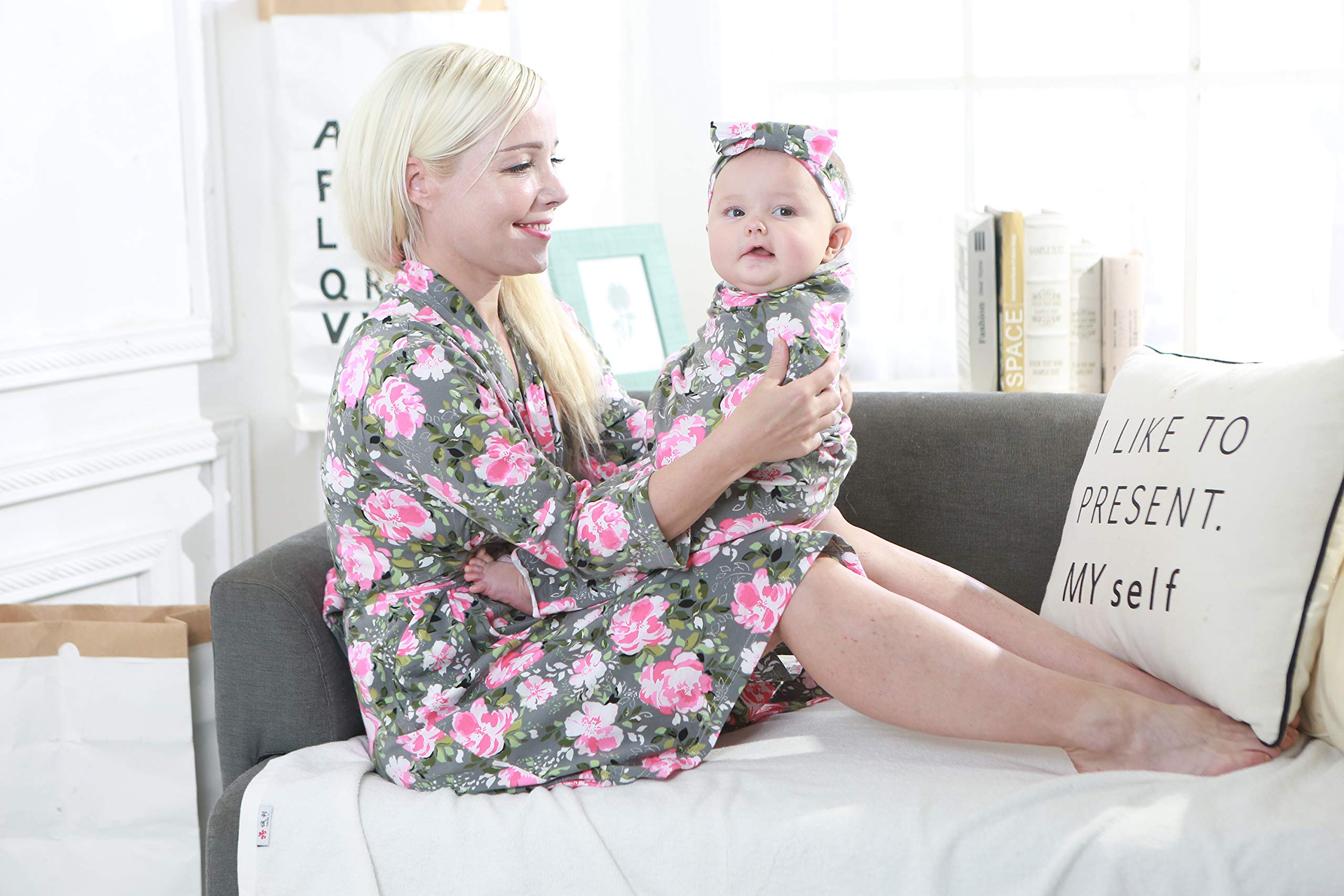4 Pack Maternity Robe & Baby Swaddle Set with Hat - Stretchy Nursing Dress with Pockets, Soft Receiving Blanket for Mom & Newborn (Grey Floral) - Perfect for Hospital Delivery, Breastfeeding & Newborn Photo Shoots