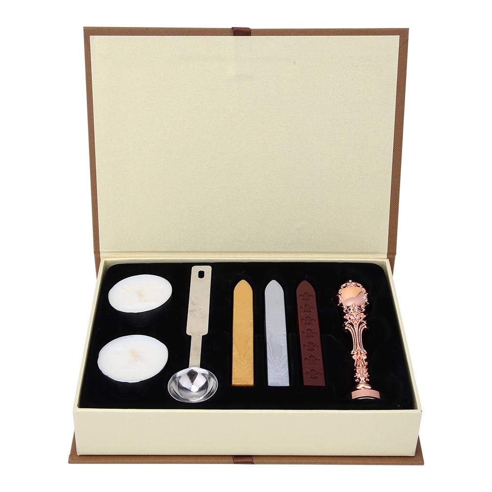 Vintage Wax Seal Stamp Kit - Brass & Rose Gold Sealing Wax Set for Letters, Invitations, Wedding Envelopes | Classic Wax Seal Stamp with 6 Wax Sticks & Melting Spoon | Perfect for DIY Crafts, Calligraphy, and Vintage Style Decor