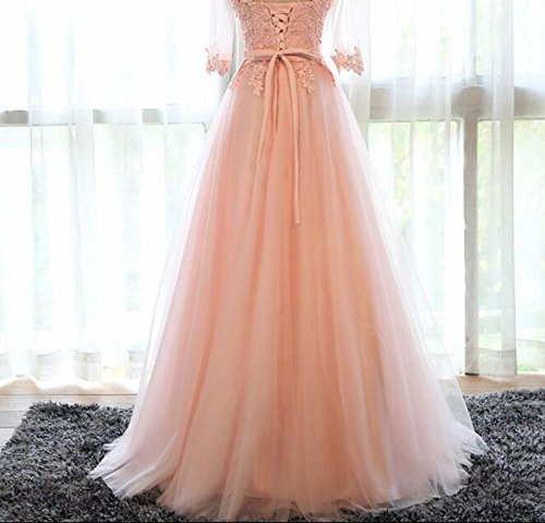 Kivary® Peach-Pink Sheer Half Sleeves A-Line Corset Prom Evening Dress for Women - Elegant Formal Gown for Homecoming, Wedding, and Special Occasions
