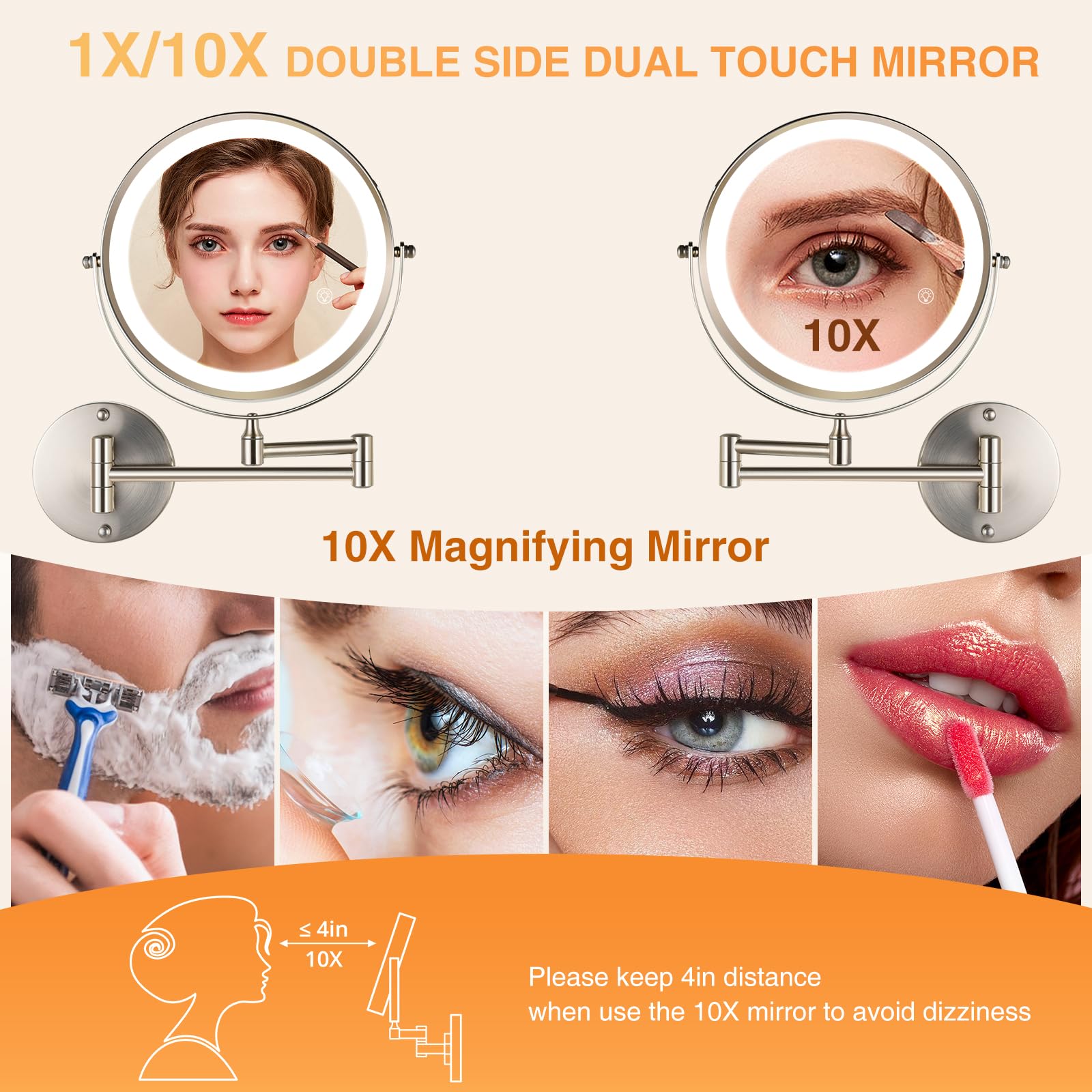8.5 Inch Rechargeable Wall Mounted Makeup Mirror with Dual-Touch 1X/10X Magnification - Brushed Nickel Finish, 3 Color LED Lights & 360° Swivel - Extendable Bathroom Vanity Mirror for Shaving, Makeup Application & Skincare Routine