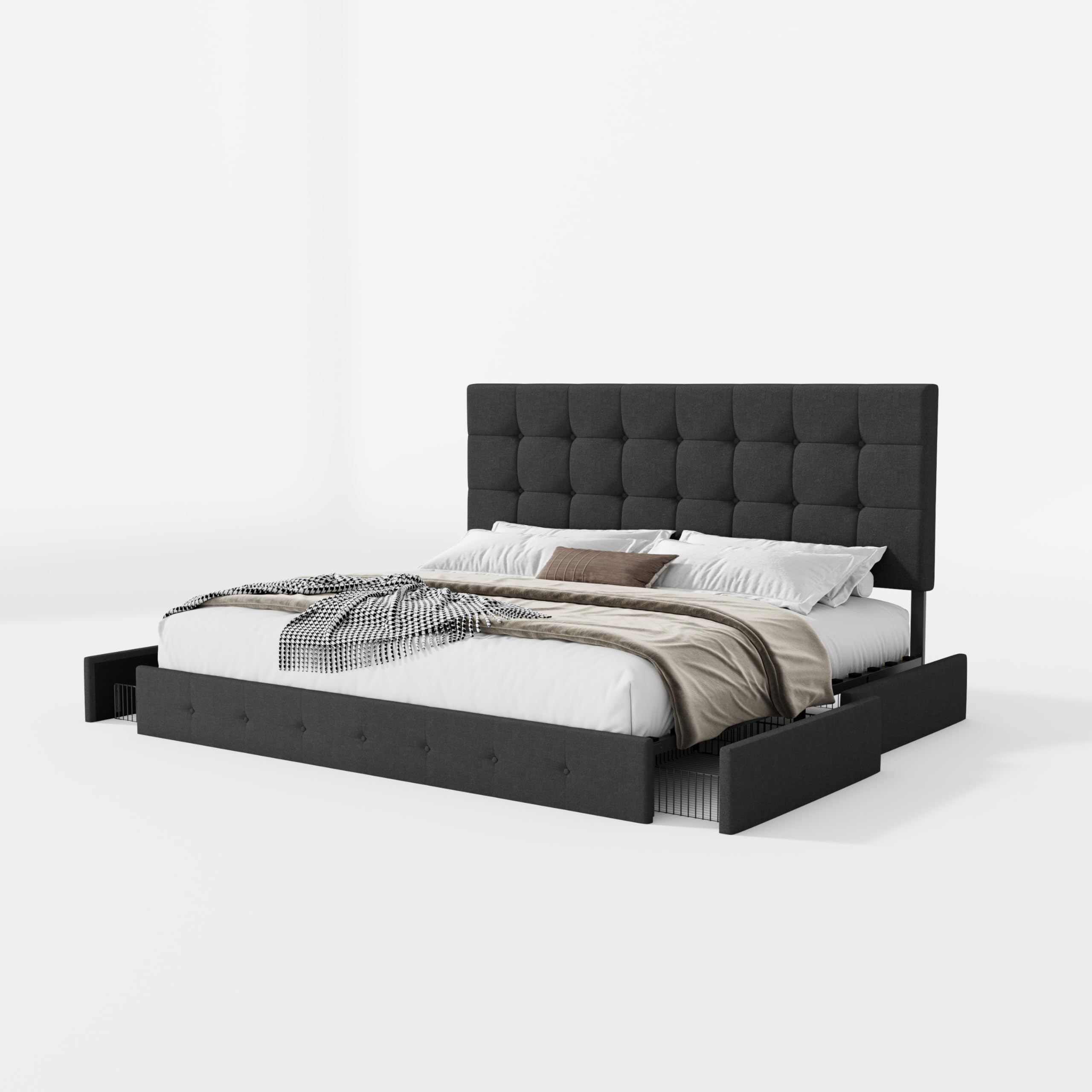 SHA CERLIN Upholstered King Size Platform Bed Frame with 4 Storage Drawers - Adjustable Headboard, Square Stitched Button Tufted Design, Wooden Slat Support, No Box Spring Needed, Dark Grey - Perfect for Master Bedroom, Guest Room & Small Space Storage Solutions