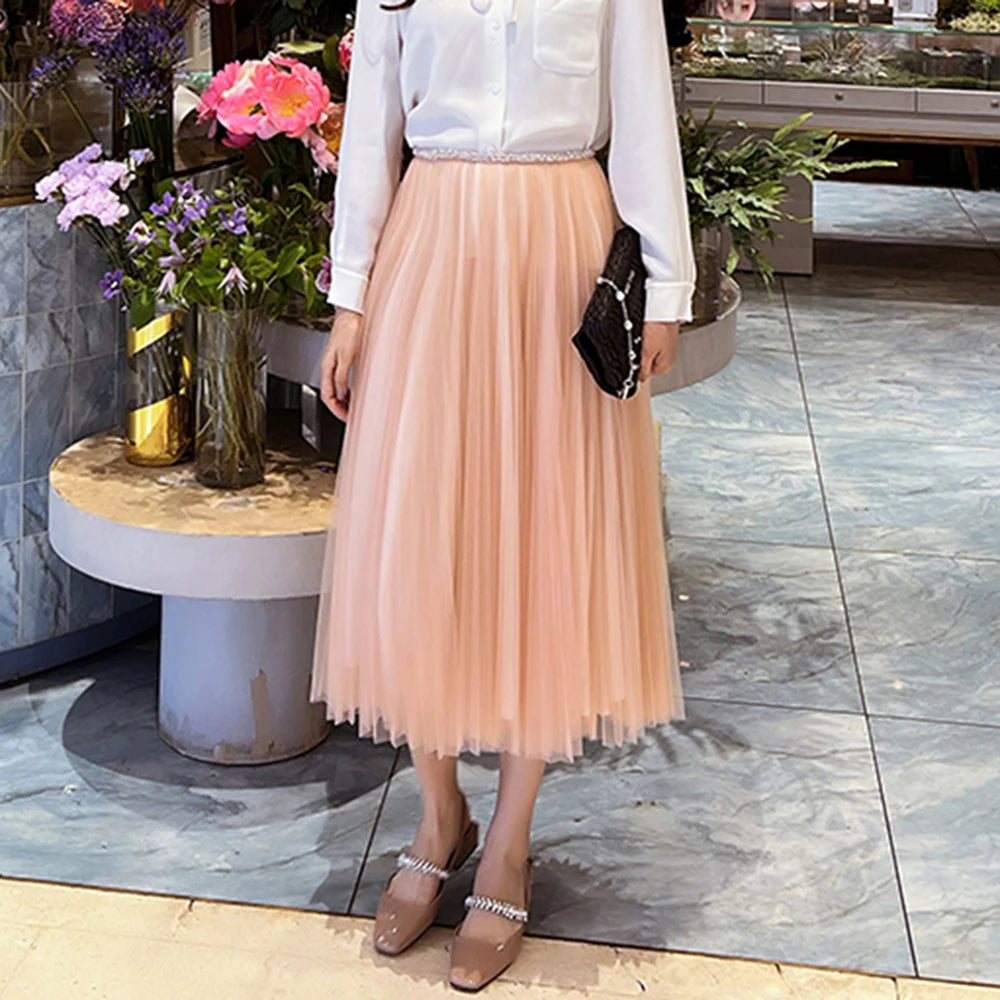 Black High Waist A-Line Mesh Midi Skirt for Women - Minimalist Solid Summer Skirt | Perfect for Casual Outings, Beach Vacations & Date Nights