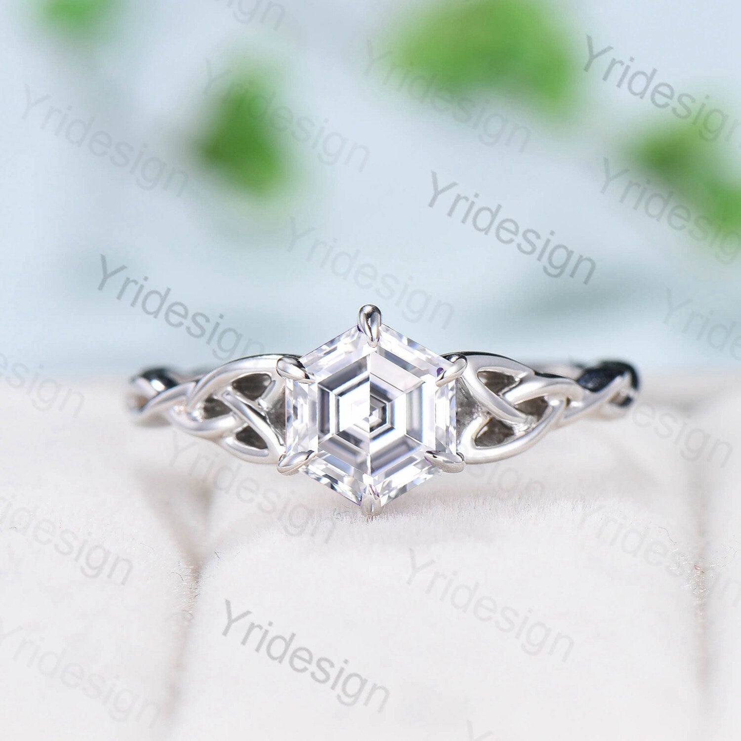 Viking Hexagon Moissanite Ring Set - Celtic Love Knot Engagement Ring in White Gold, Unique Twisted Wedding Band for Women - Perfect for Norse-Themed Weddings, Anniversary Gifts & Celtic Jewelry Lovers