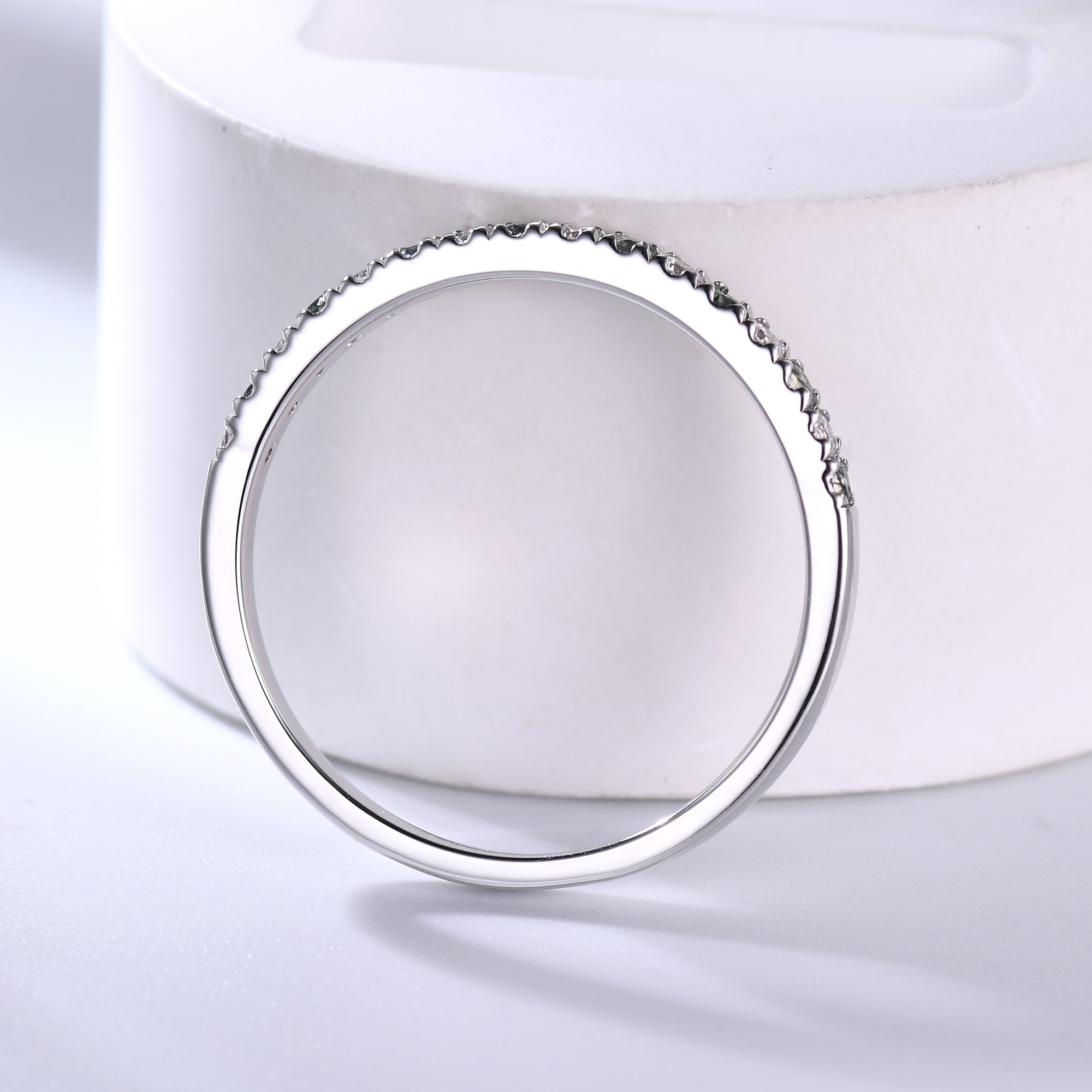 Elegant Moss Agate Wedding Band in White Gold with Moissanite - 2mm Half Eternity Stacking Ring for Women | Perfect for Bridal Jewelry, Anniversary Gifts & Everyday Wear