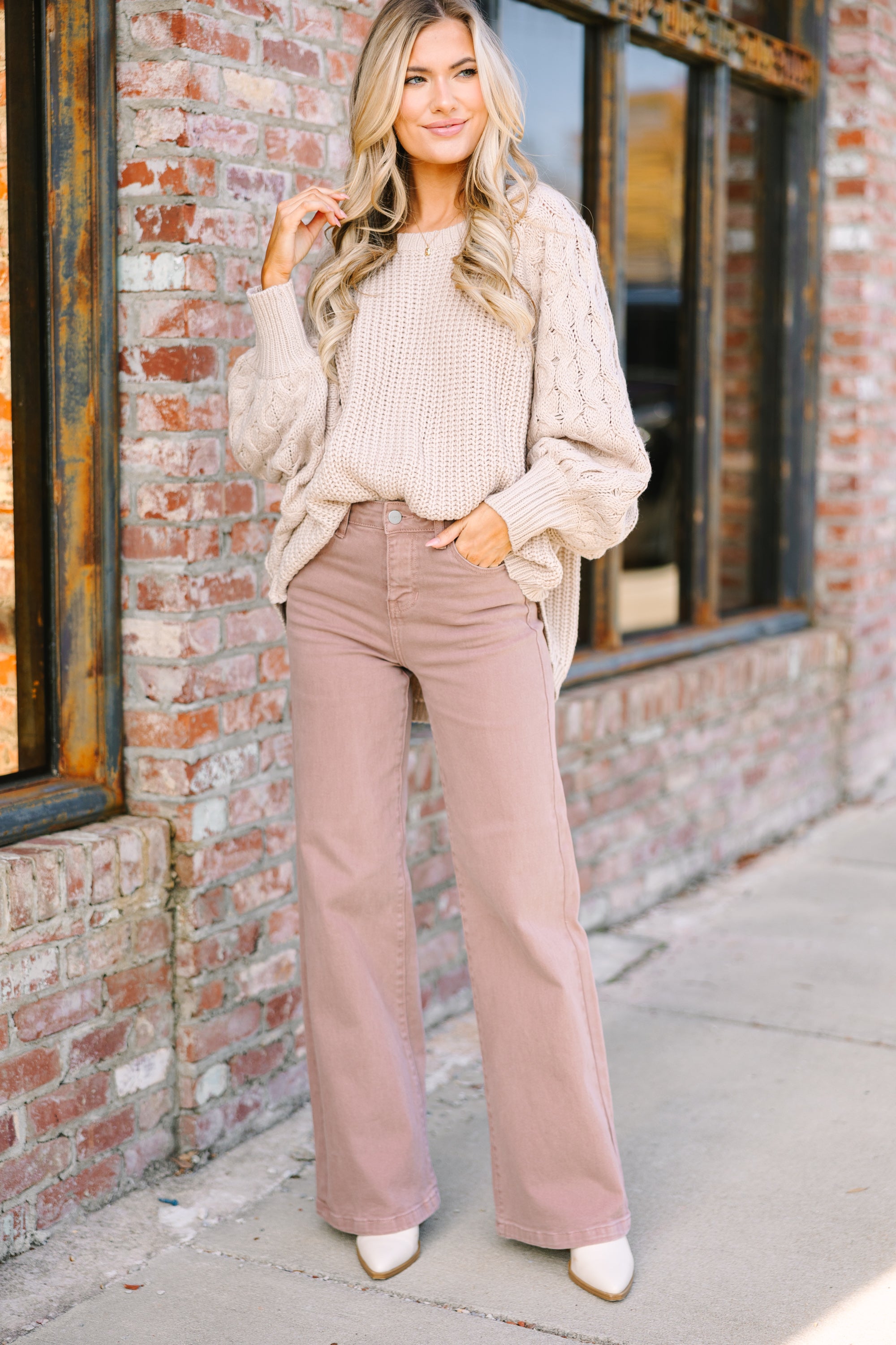 Above And Beyond Mauve Pink Wide Leg Jeans for Women - High Waisted Stretchy Comfort Pants - Casual & Office Wear - Perfect for Everyday Outfits and Chic Street Style
