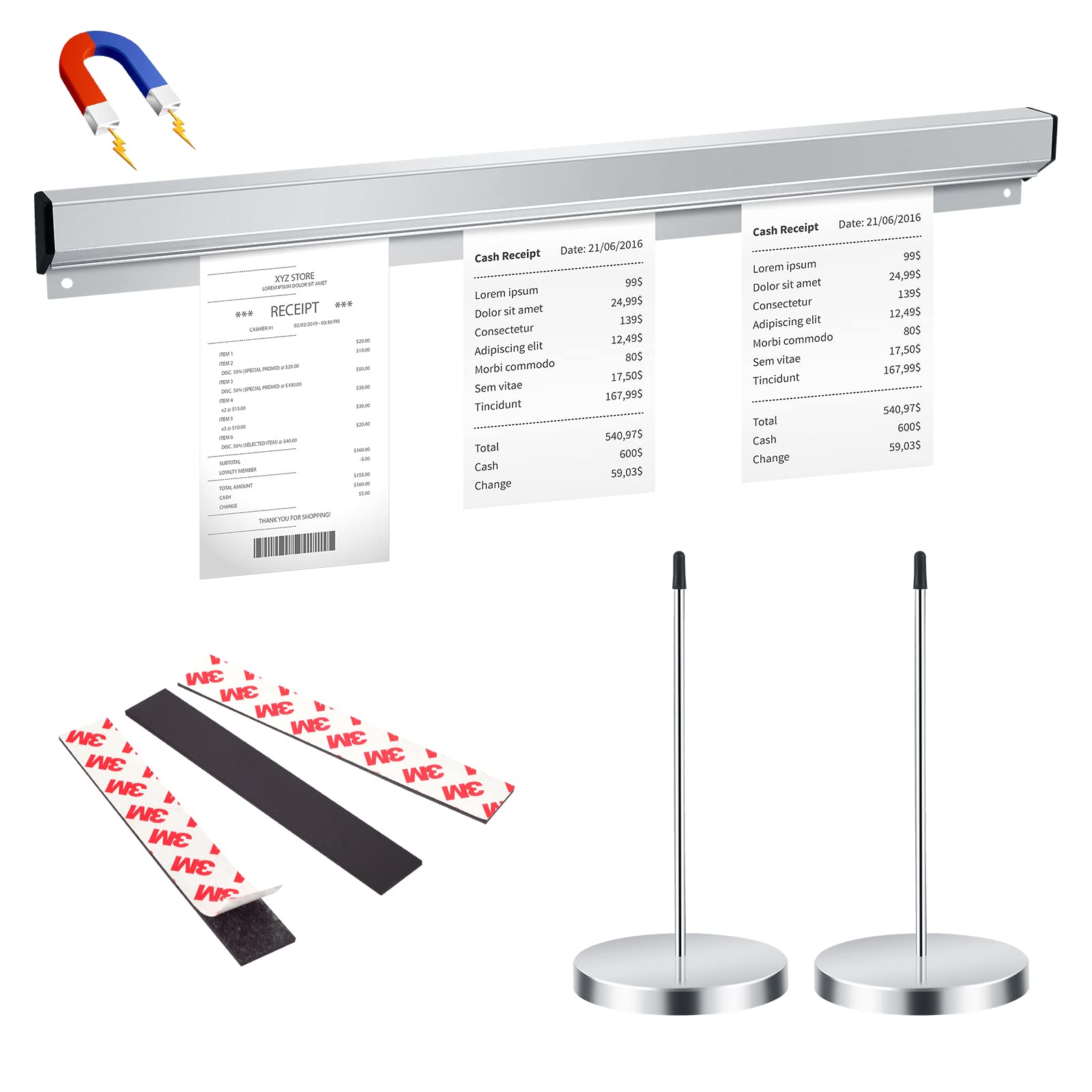 Magnetic Ticket Holder & Receipt Organizer - 2 Pack with Strong Magnet Strips for Kitchen, Restaurant, Office, Cafe, Bar - Perfect for Displaying Bills, Notes, Orders & Paper Clips