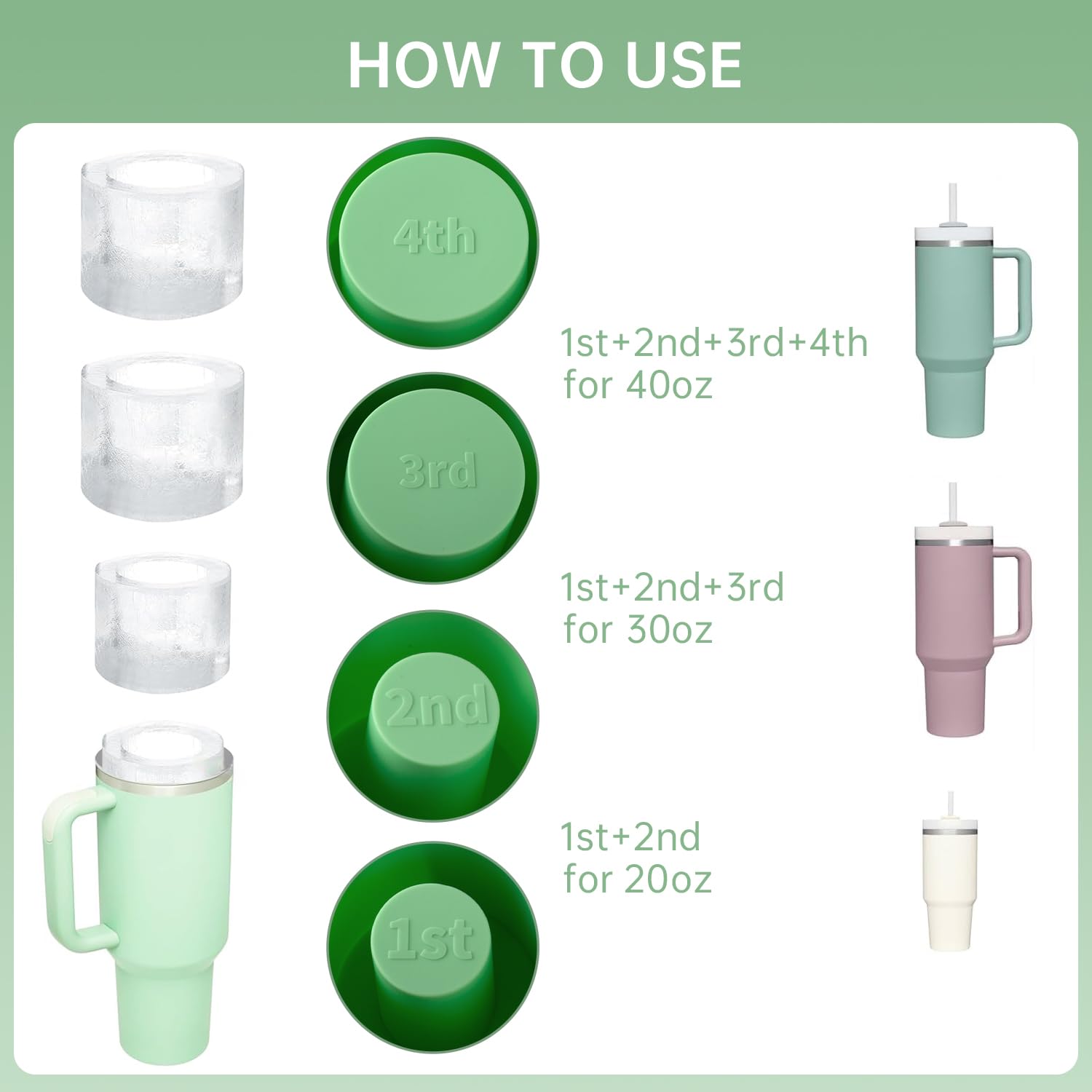 Stanley Cup Ice Molds - 4 Pack Silicone Hollow Cylinder Ice Cube Trays for 20oz 30oz 40oz Tumblers with Lid & Storage Bin | Perfect for Freezer, Iced Coffee, Cocktails, Whiskey & Cold Drinks (Green)