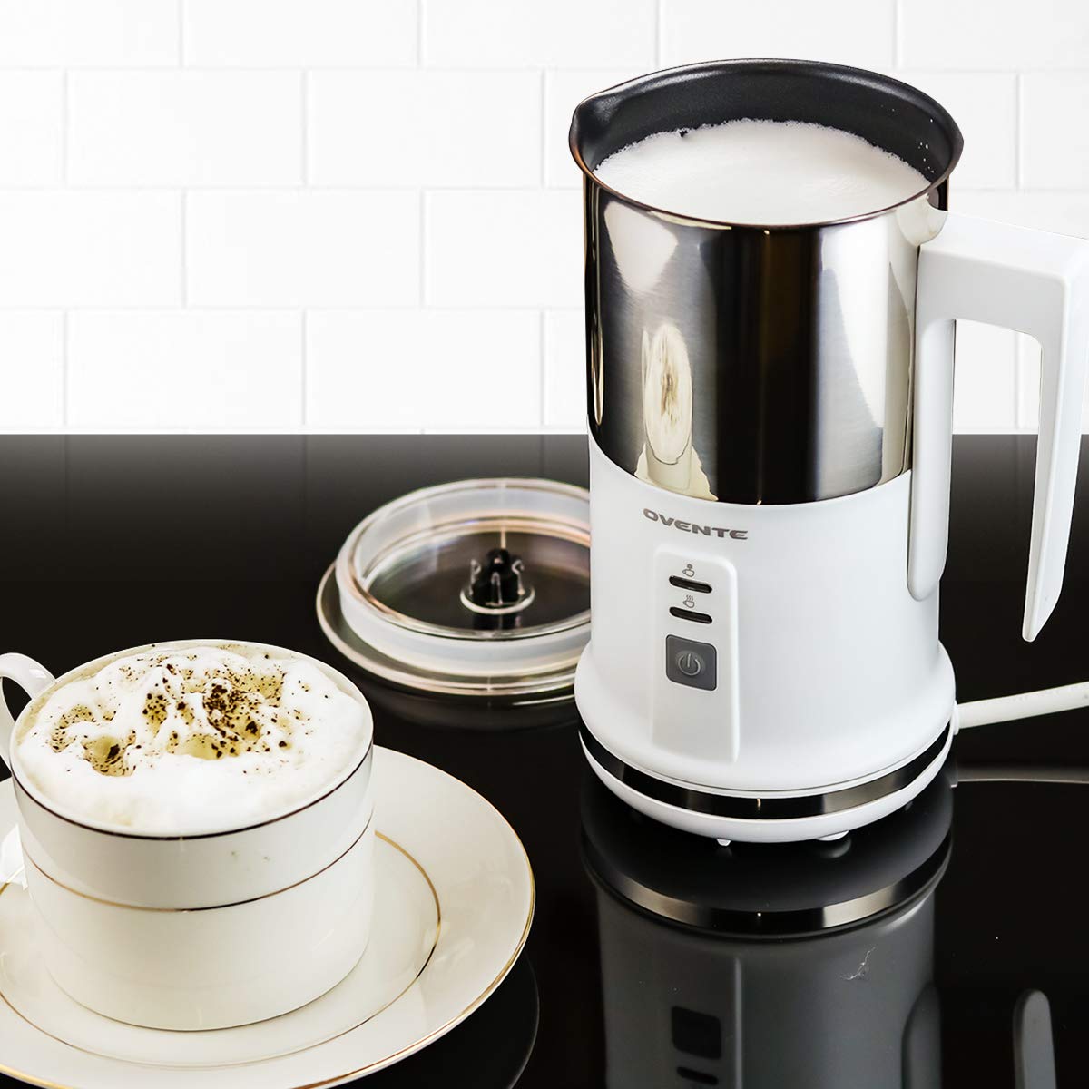 OVENTE Electric Milk Frother with Non-Stick Stainless Steel, Portable Hot & Cold Foam Maker for Coffee, Latte, Cappuccino & Hot Chocolate - Auto Shut-Off, Perfect for Home, Office & Coffee Shops (White, Model FR1208W)