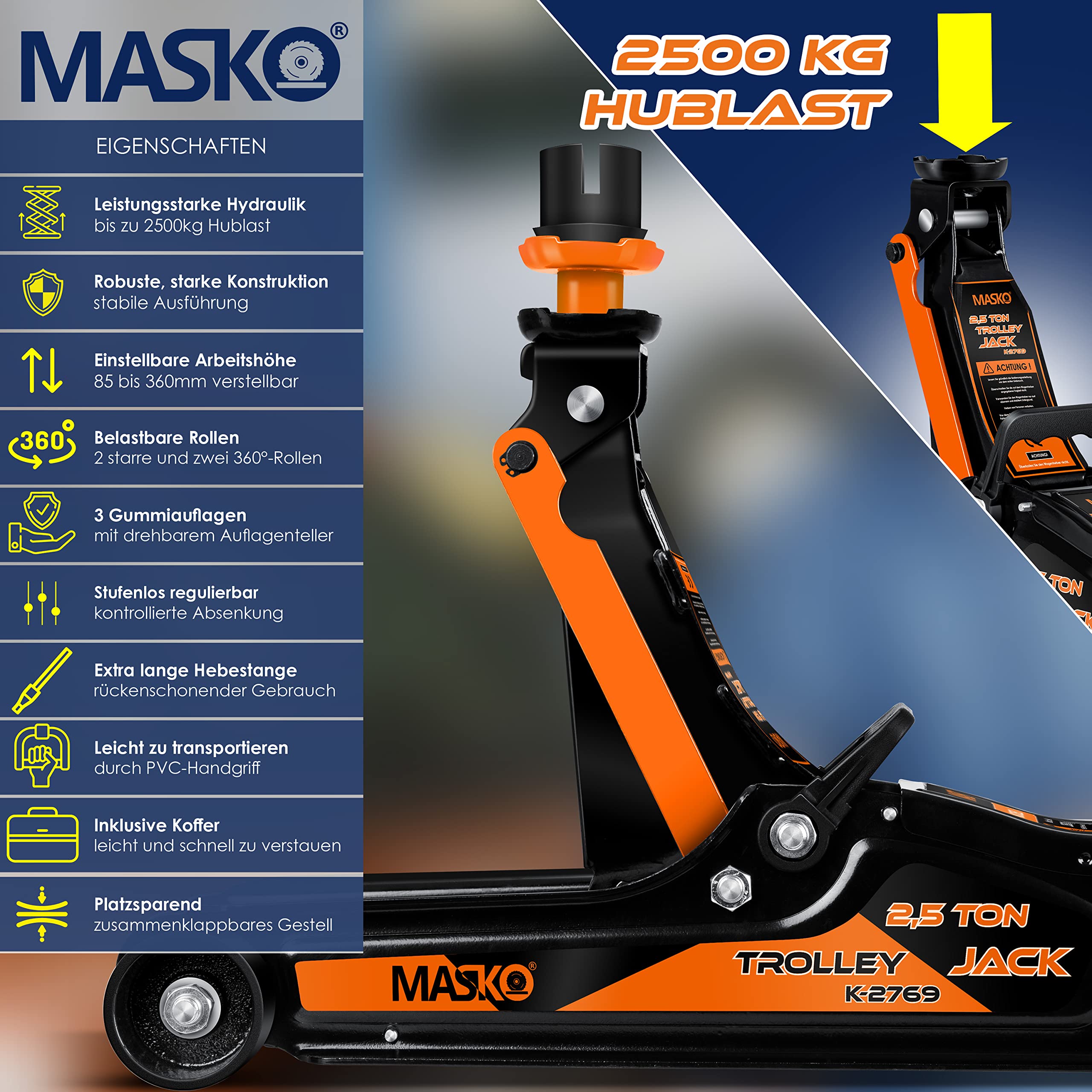 MASKO® 2.5 Ton Hydraulic Floor Jack with Case - 85-360mm Lift Height, Includes 3X Rubber Pads & Gloves - 360° Swivel Wheels Car Jack for Vehicle Maintenance, Tire Change, Garage Use