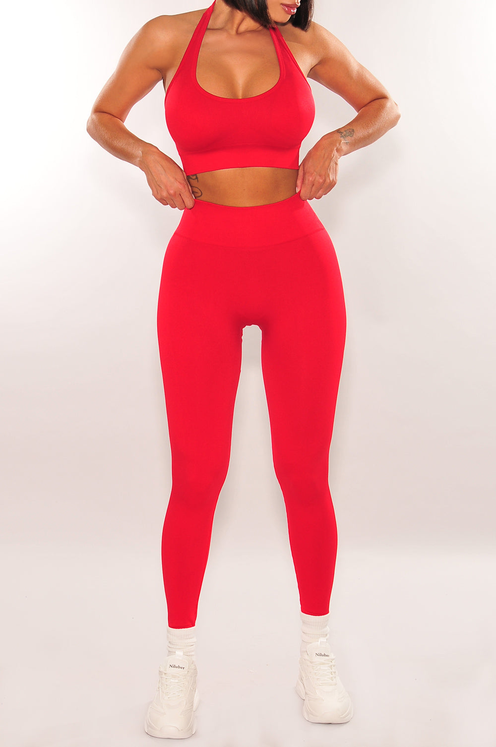 HMS Fit: Red Halter Padded Sports Bra & High Waist Scrunch Butt Lifting Leggings 2-Piece Workout Set for Yoga, Gym & Running