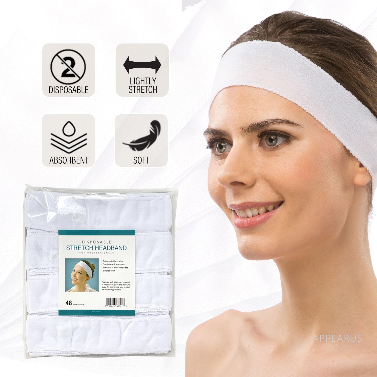 APPEARUS Disposable Headbands - 480 Count Stretch Cotton Spa & Facial Headbands for Women & Men (AH1051x10) | Perfect for Salon, Spa, Skincare & Makeup Application