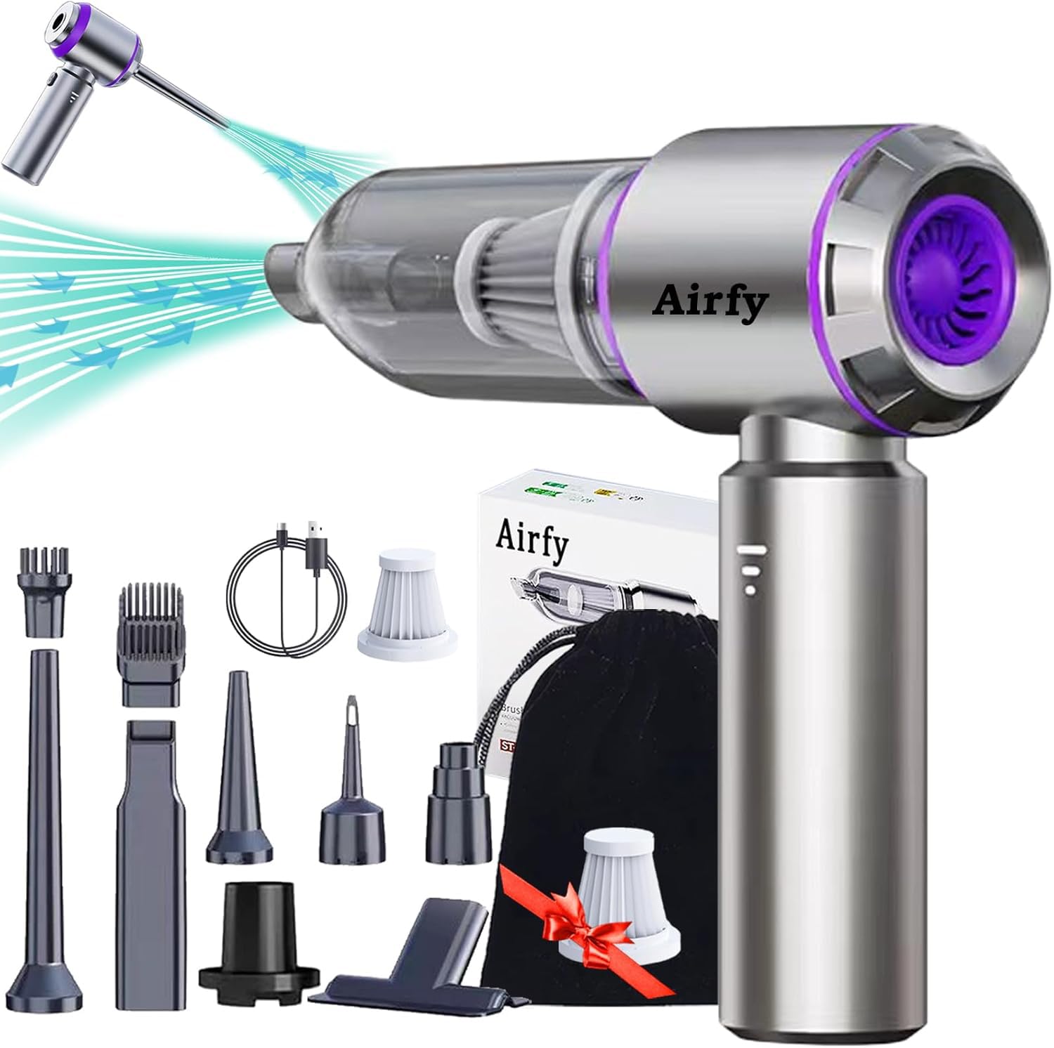 Airfy™ 3-in-1 Pro V2 Cordless Car Vacuum Cleaner - 29000Pa Powerful Suction & Air Blower, Rechargeable Handheld Vacuum for Home & Auto Detailing | Perfect for Car Seats, Pet Hair Removal & Quick Home Cleaning