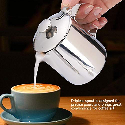 Stainless Steel Milk Frother Cup with Lid - 350mL Handheld Milk Steamer for Espresso, Cappuccino & Latte Art - Perfect for Home, Office & Kitchen Use