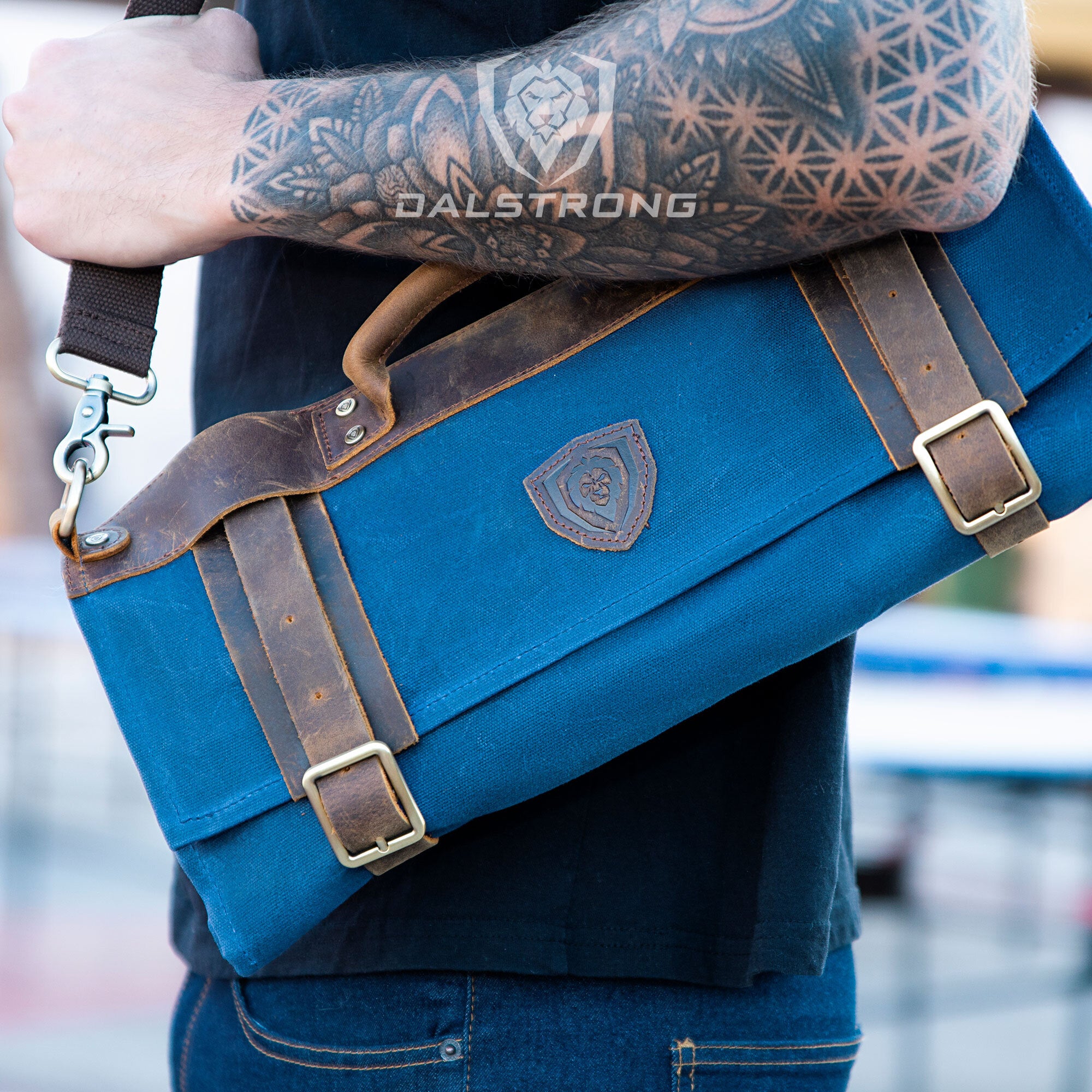 12oz Heavy Duty Canvas & Leather Knife Roll - Blue | Dalstrong Professional Chef Knife Storage | Perfect for Travel, Camping & Kitchen Organization