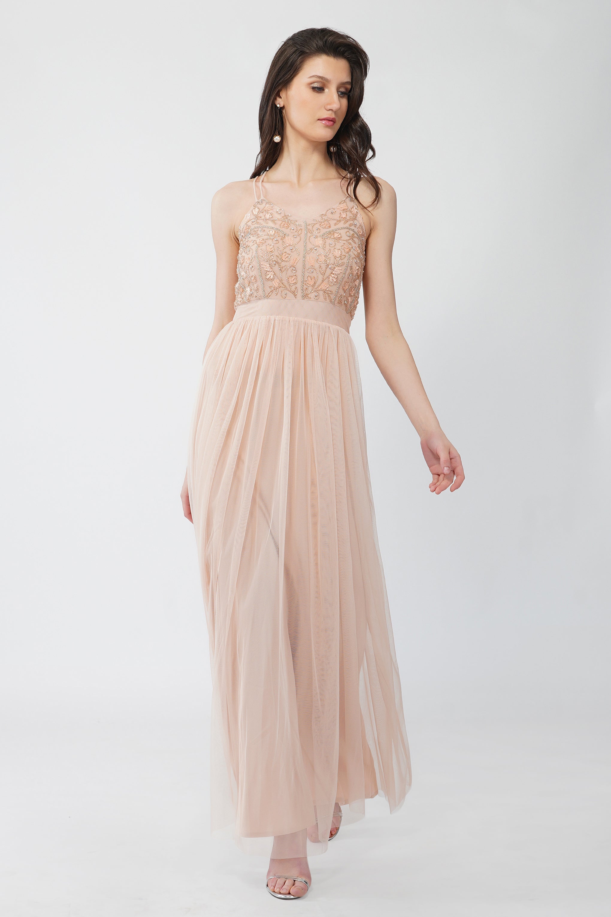 Elegant Ursa Blush Pink Embellished Maxi Dress for Women - Perfect for Weddings, Parties & Special Occasions