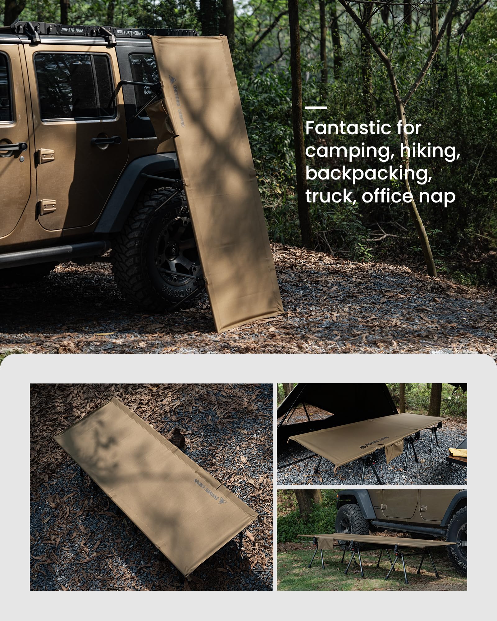 OneTigris SUPRANUBIS Adjustable Height Camping Cot - Heavy Duty 330lbs Support with Leg Extenders - Portable Folding Bed for Outdoor Adventures, Travel, Beach & Office Use - Perfect for Camping, Hiking, Truck Beds & Power Naps (Black)
