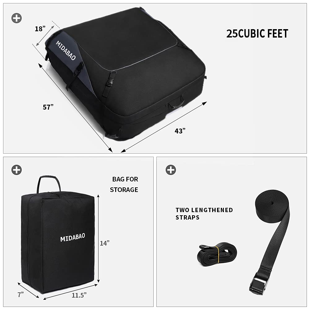 25 Cubic Feet Waterproof Roof Top Cargo Carrier Bag with 6 Door Hooks - Universal Fit for All Vehicles (With/Without Rack) - Perfect for Road Trips, Camping Gear Storage & SUV Travel Accessories