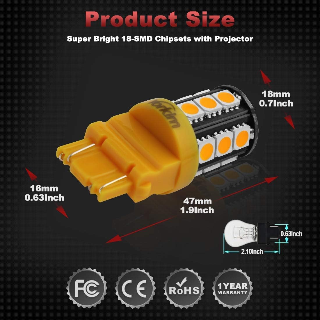 Yorkim 3157 LED Light Bulbs Amber Bright - 3056 3156 3156A 3057 4057 3157 4157 T25 LED Bulbs for Brake Lights, Backup Reverse Lights, Tail Lights - Pack of 2 - Perfect for Car, Truck, SUV, and Motorcycle Lighting Upgrades