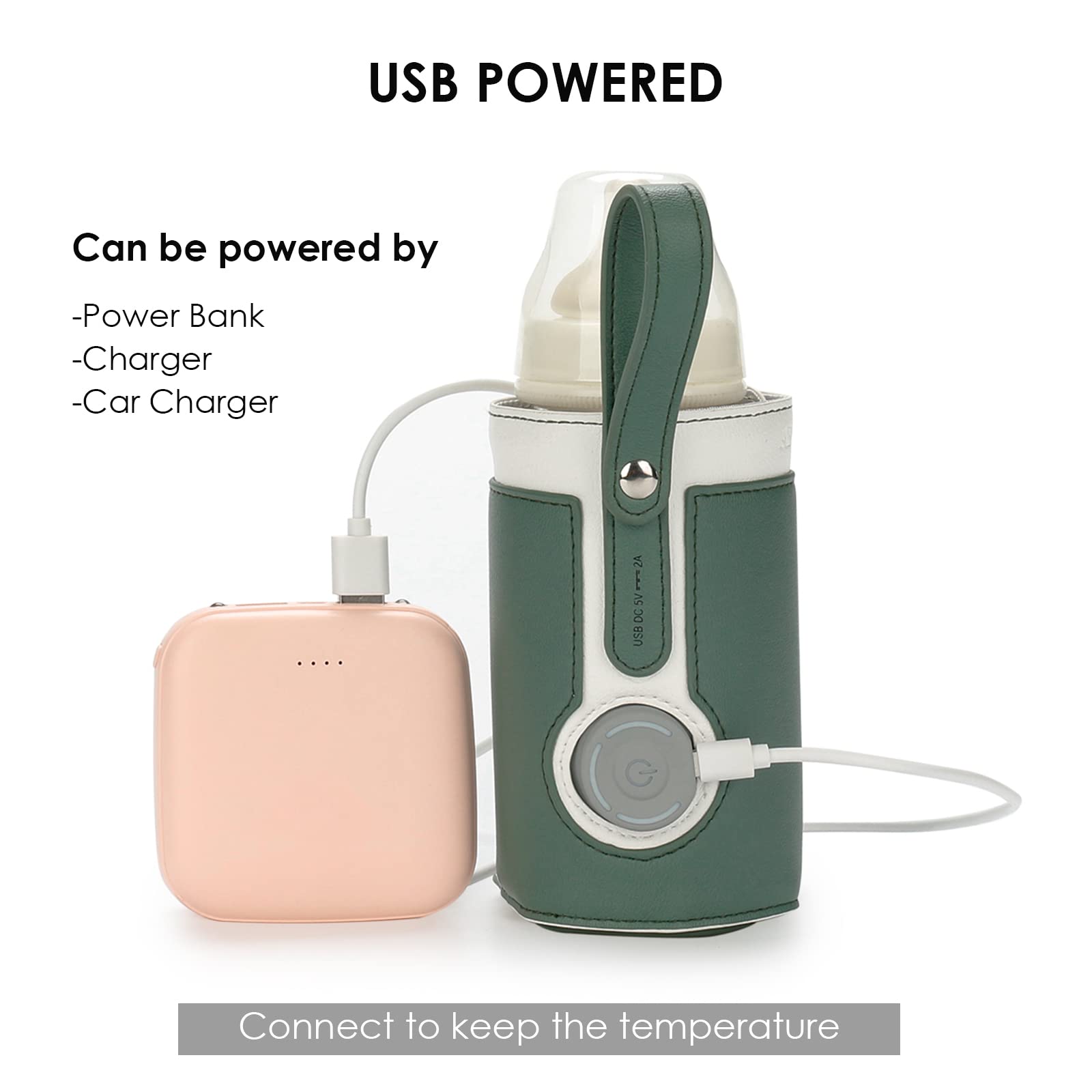 Portable USB Baby Bottle Warmer Bag - 3-Temperature Adjustable Milk Heater & Insulated Travel Thermostat for On-the-Go Parents | Perfect for Car, Stroller & Outdoor Feeding (Green)